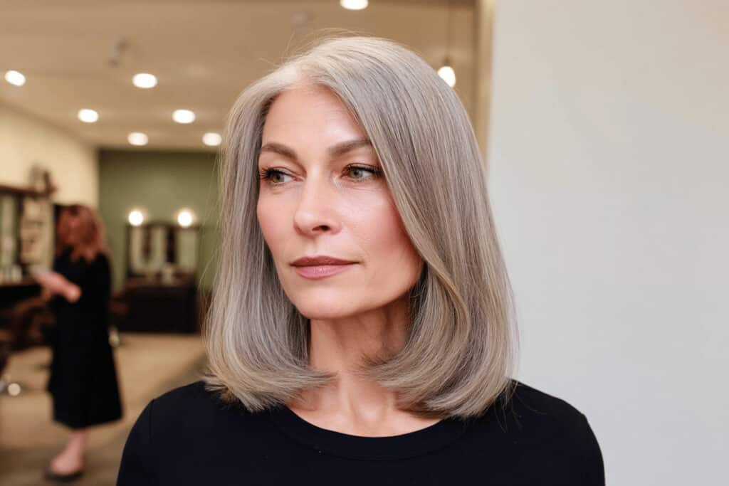 Frau mit grauen Haaren im Friseursalon