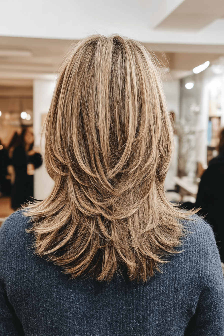 Halblange gestufte Frisur in einem Salon von hinten gesehen.