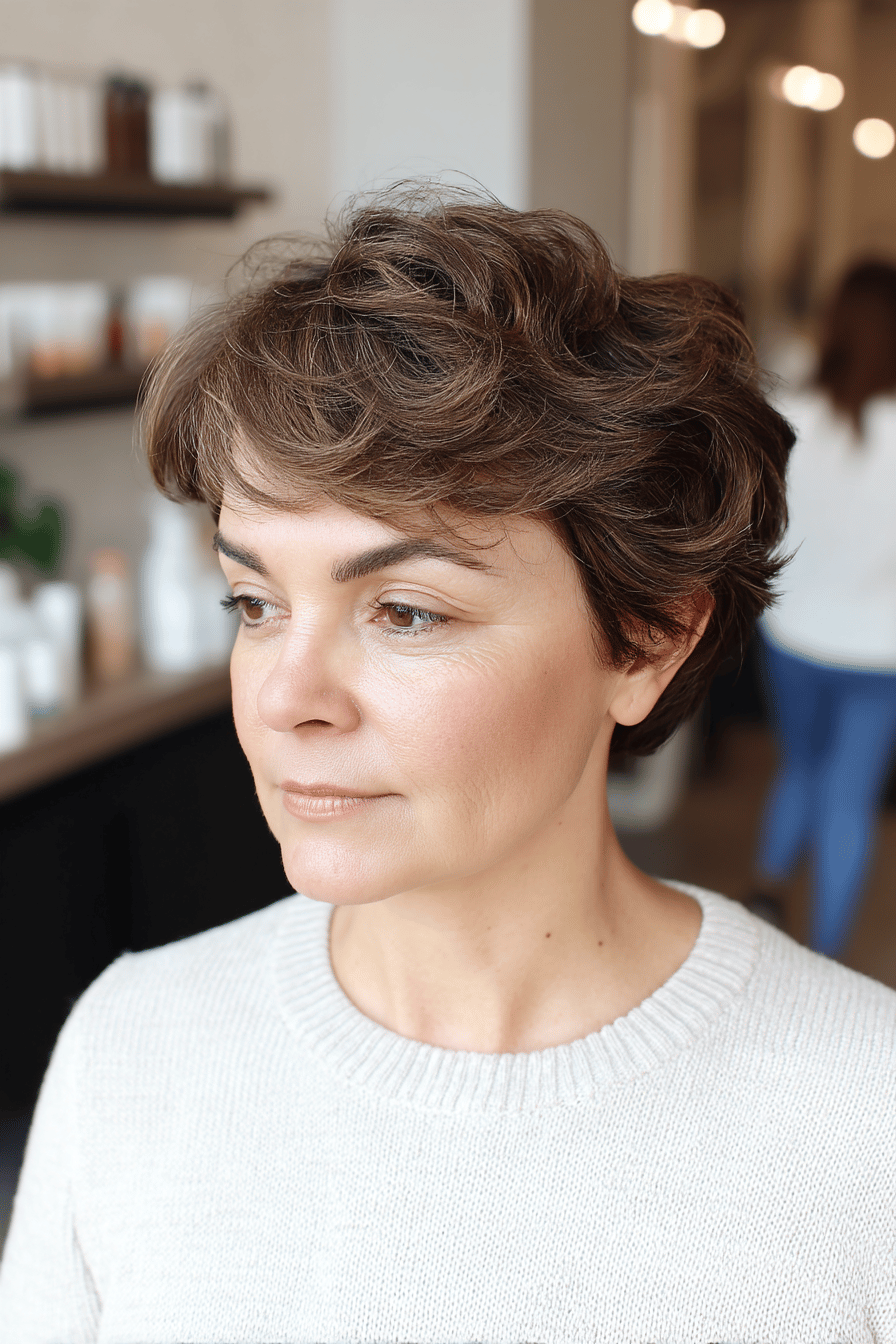 Frau mit kurzem, voluminösem Shag-Haarschnitt in einem Friseursalon.