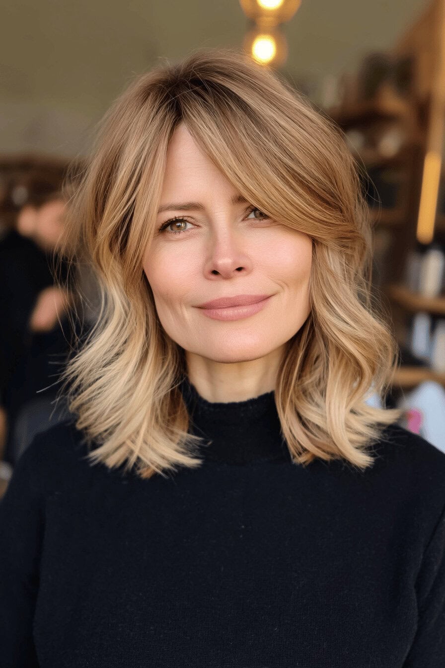 Frau mit mittellangen, welligen blonden Haaren und hellem Haaransatz.
