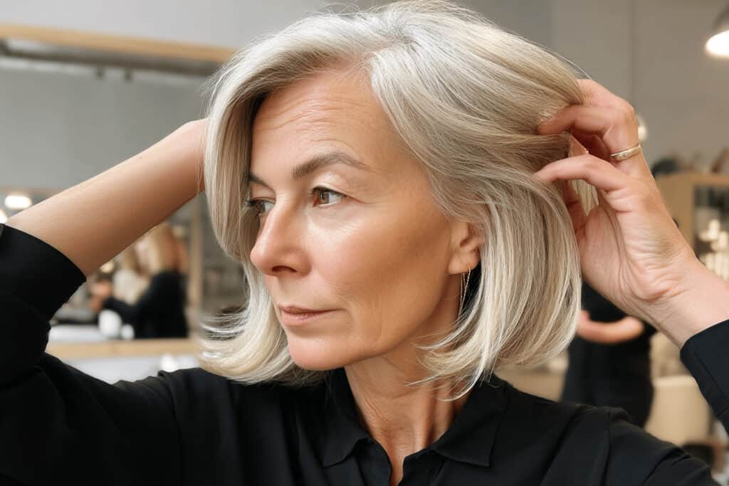 Frau mit grauem Haar im Friseursalon