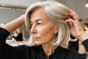 Frau mit grauem Haar im Friseursalon