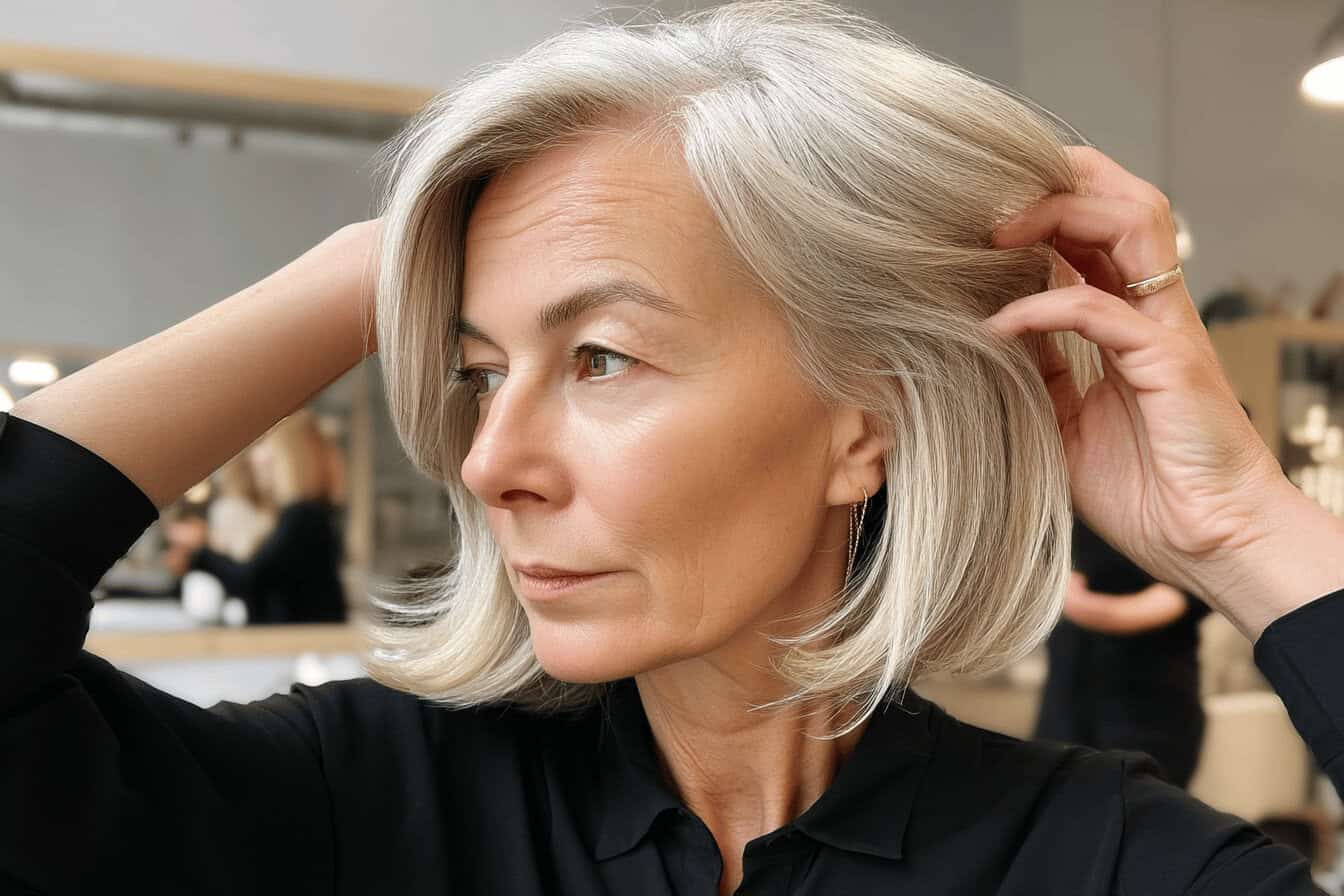 Frau mit grauem Haar im Friseursalon