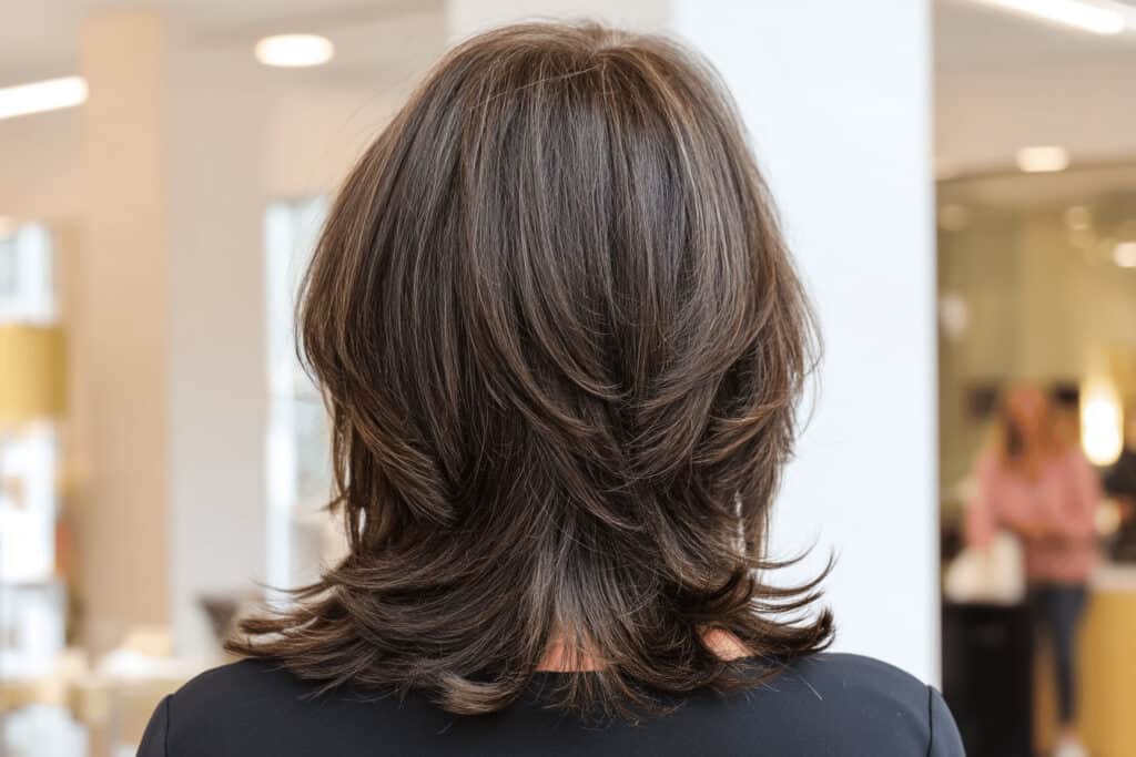 Rückansicht braune schulterlange Haare im Friseursalon