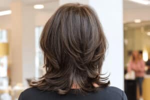 Rückansicht braune schulterlange Haare im Friseursalon