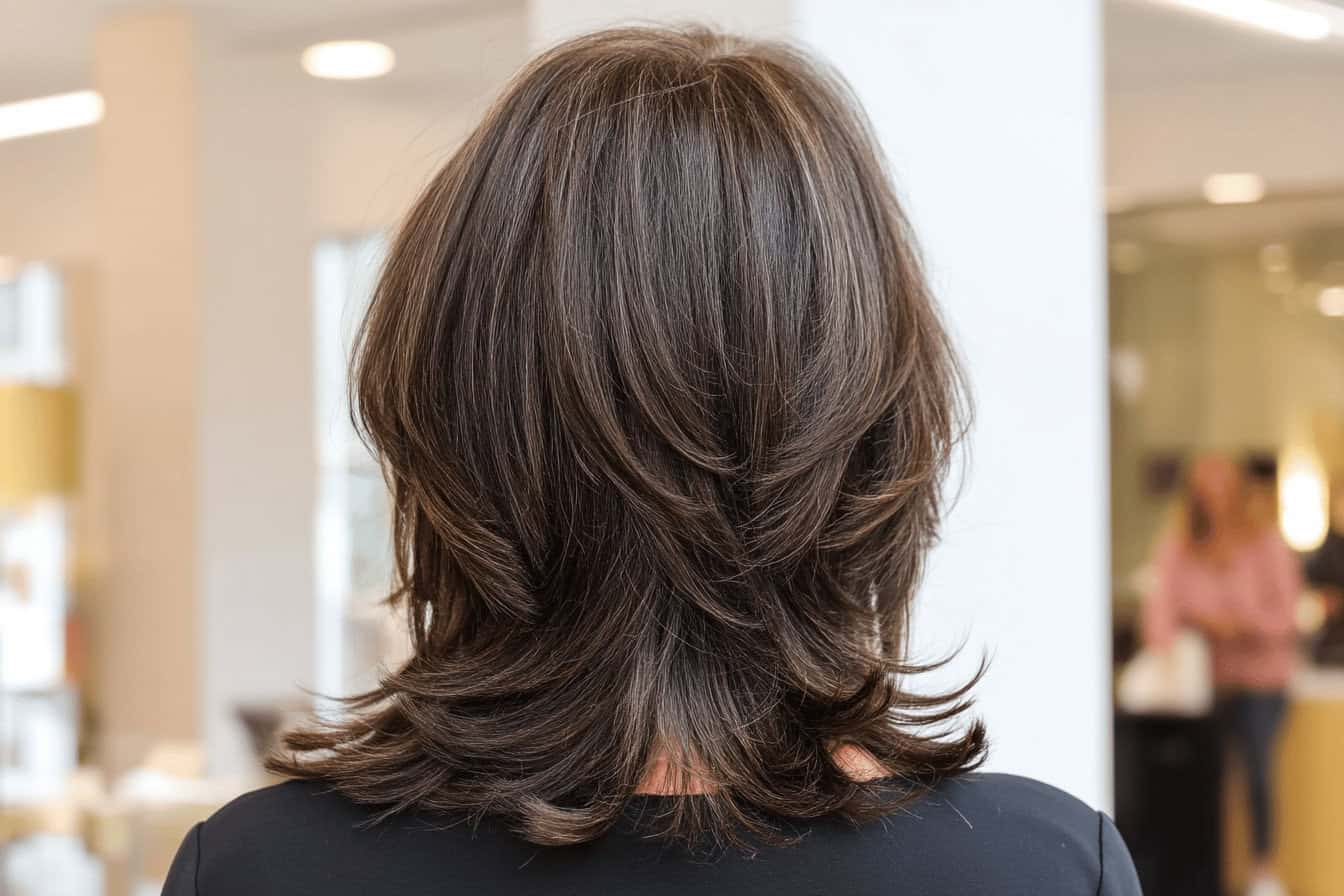 Rückansicht braune schulterlange Haare im Friseursalon
