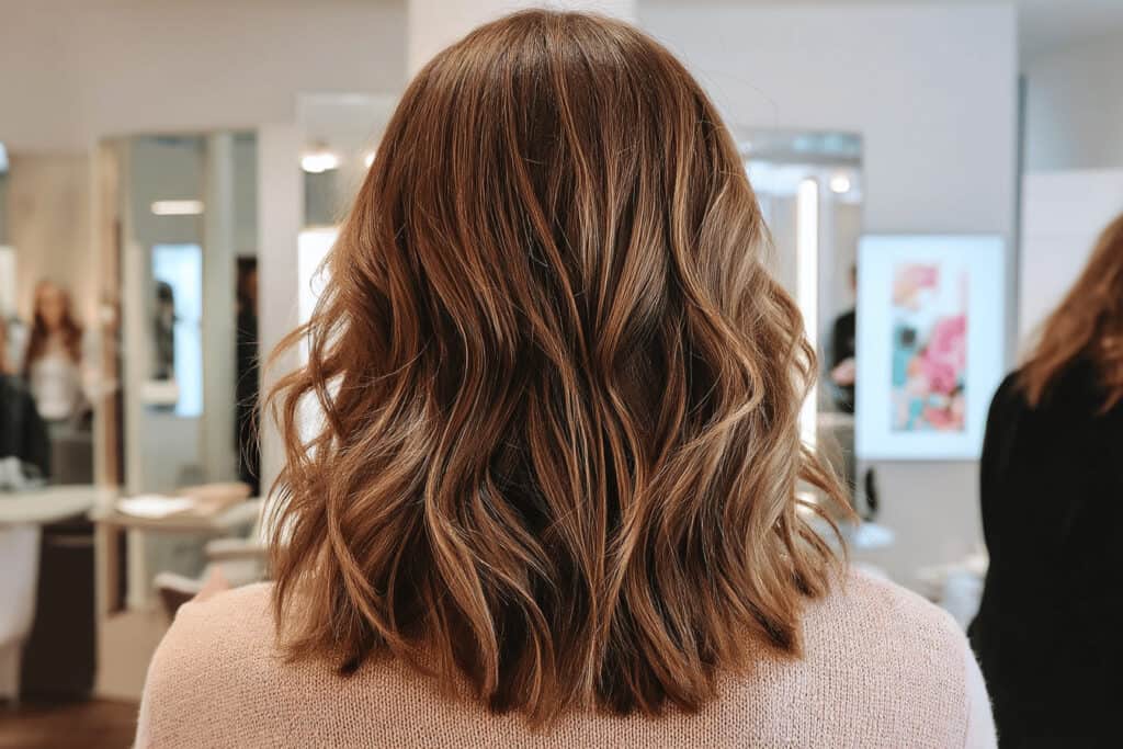 Braunes, welliges Haar in einem Friseursalon