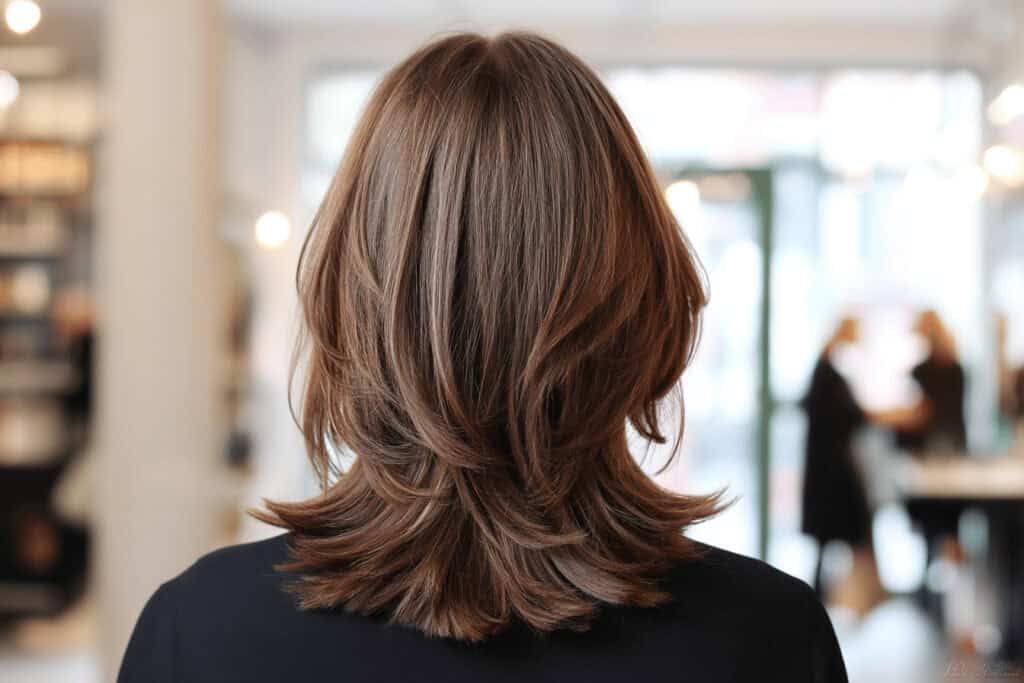 Mittelbraune, gestylte, schulterlange Haare im Friseursalon.