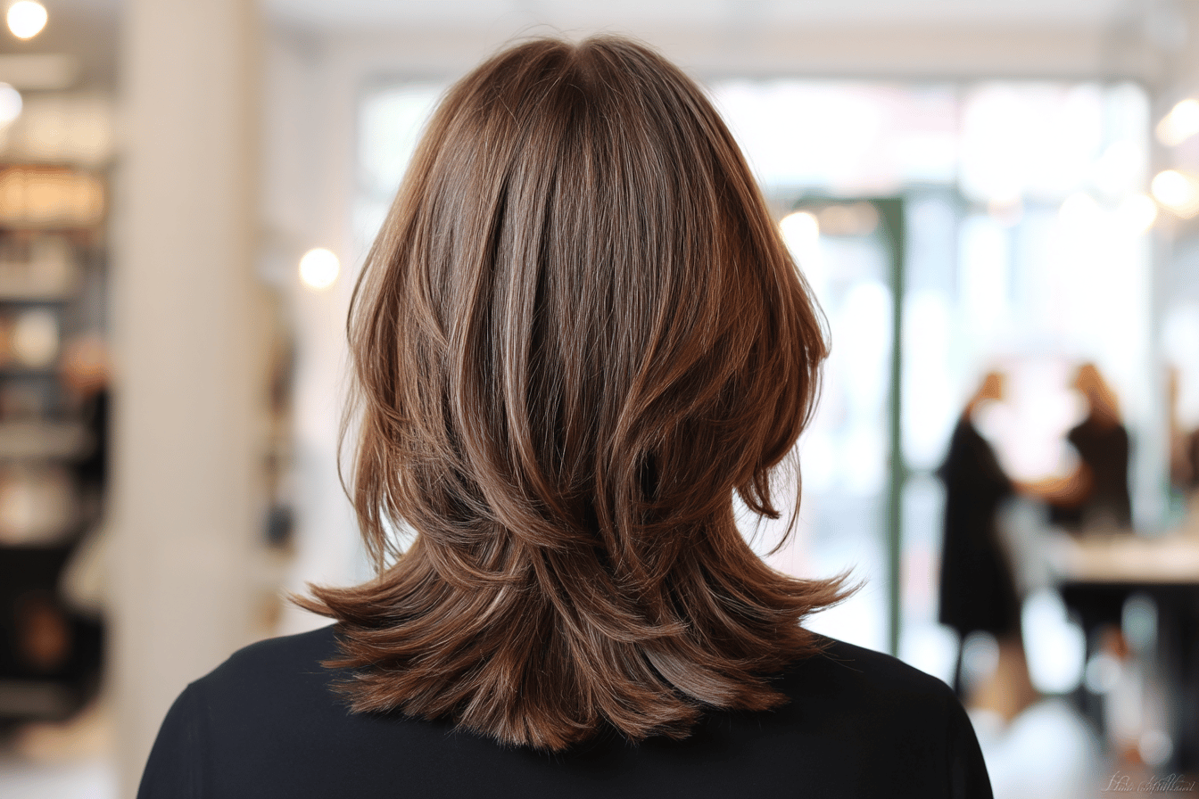 Mittelbraune, gestylte, schulterlange Haare im Friseursalon.