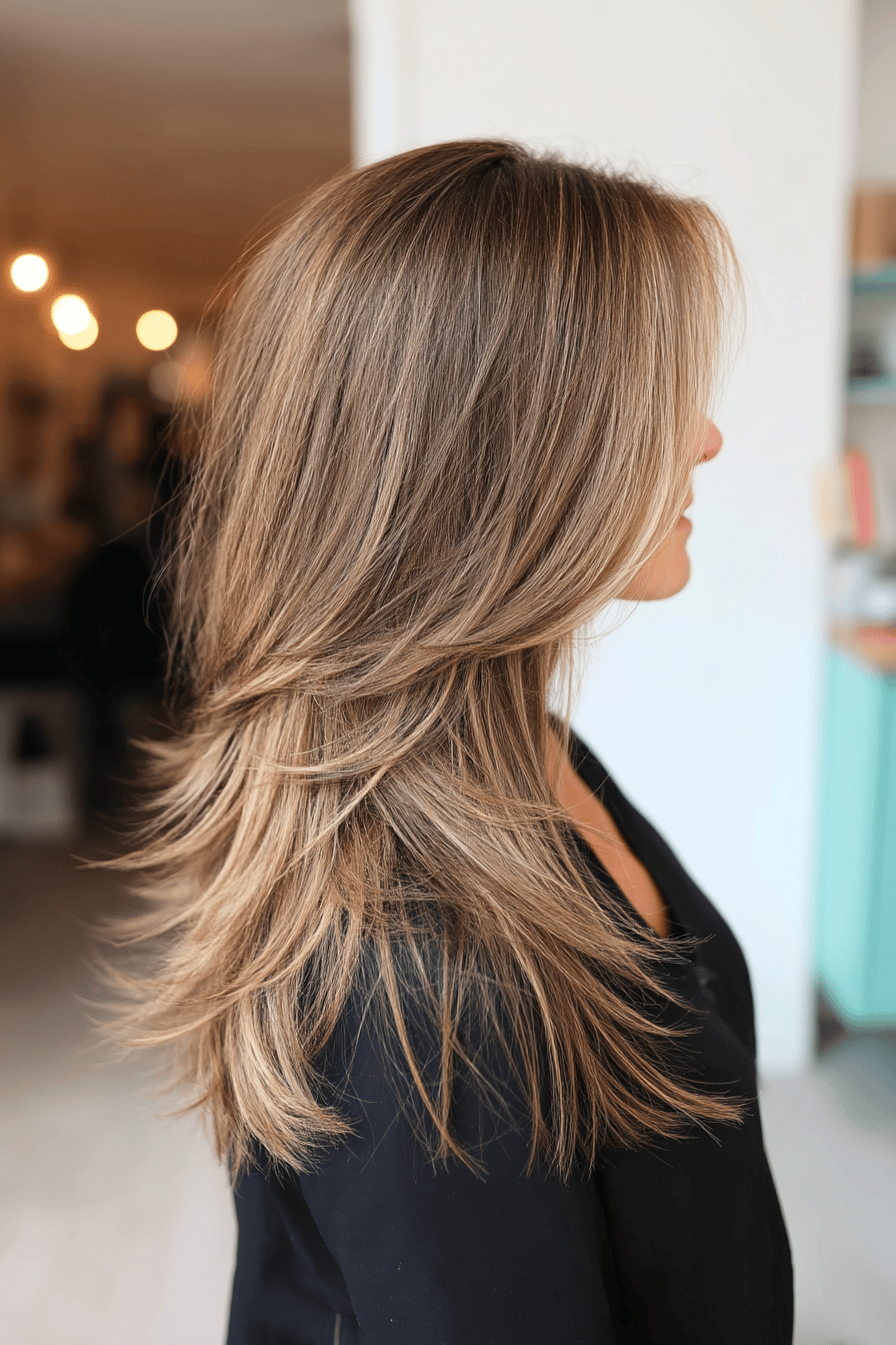 Halblanges, gestuftes Haar mit Balayage-Färbung.