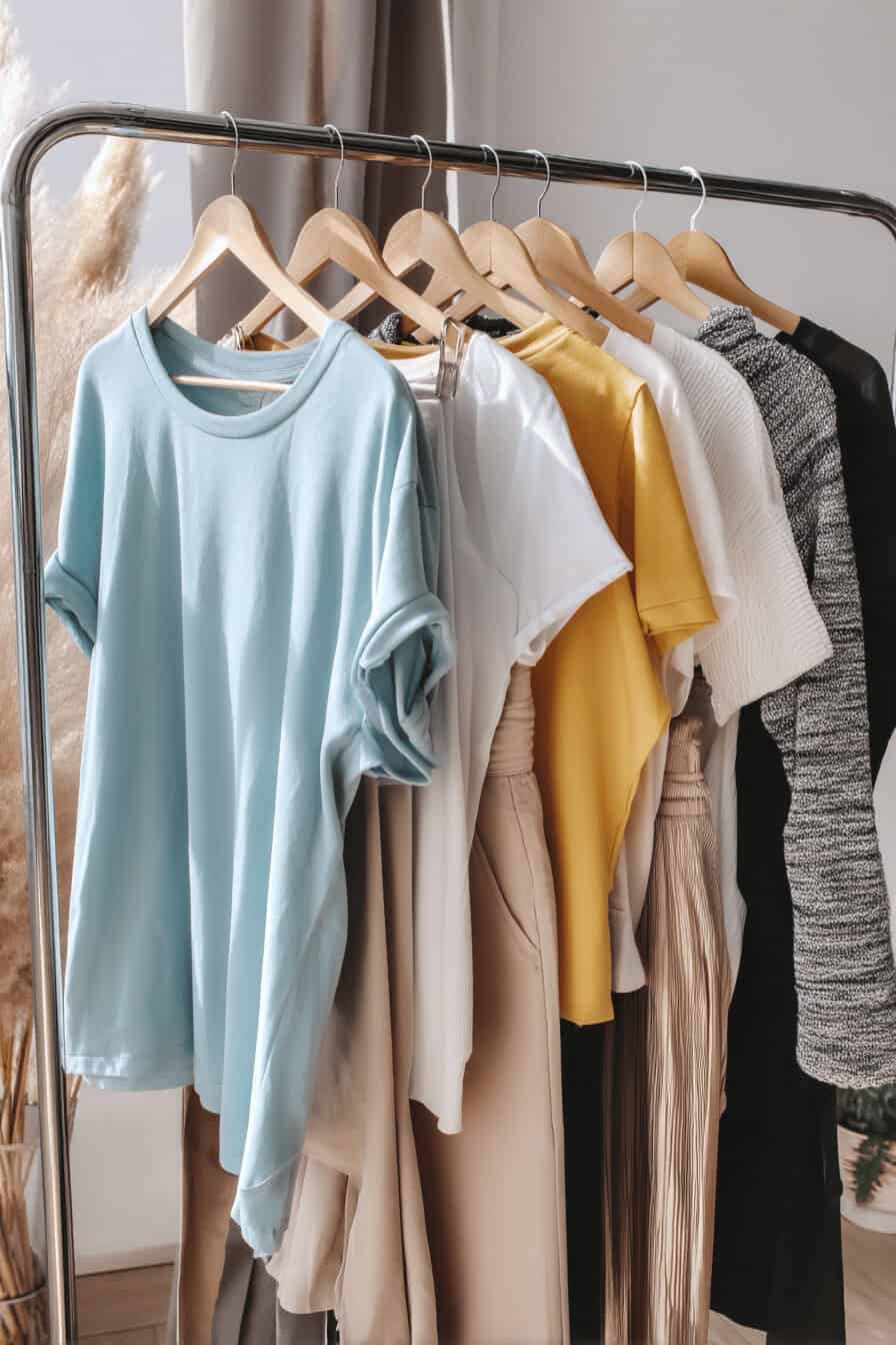 Verschiedene Kleidungsstücke an einem Kleiderständer in sanften Frühlingsfarben.