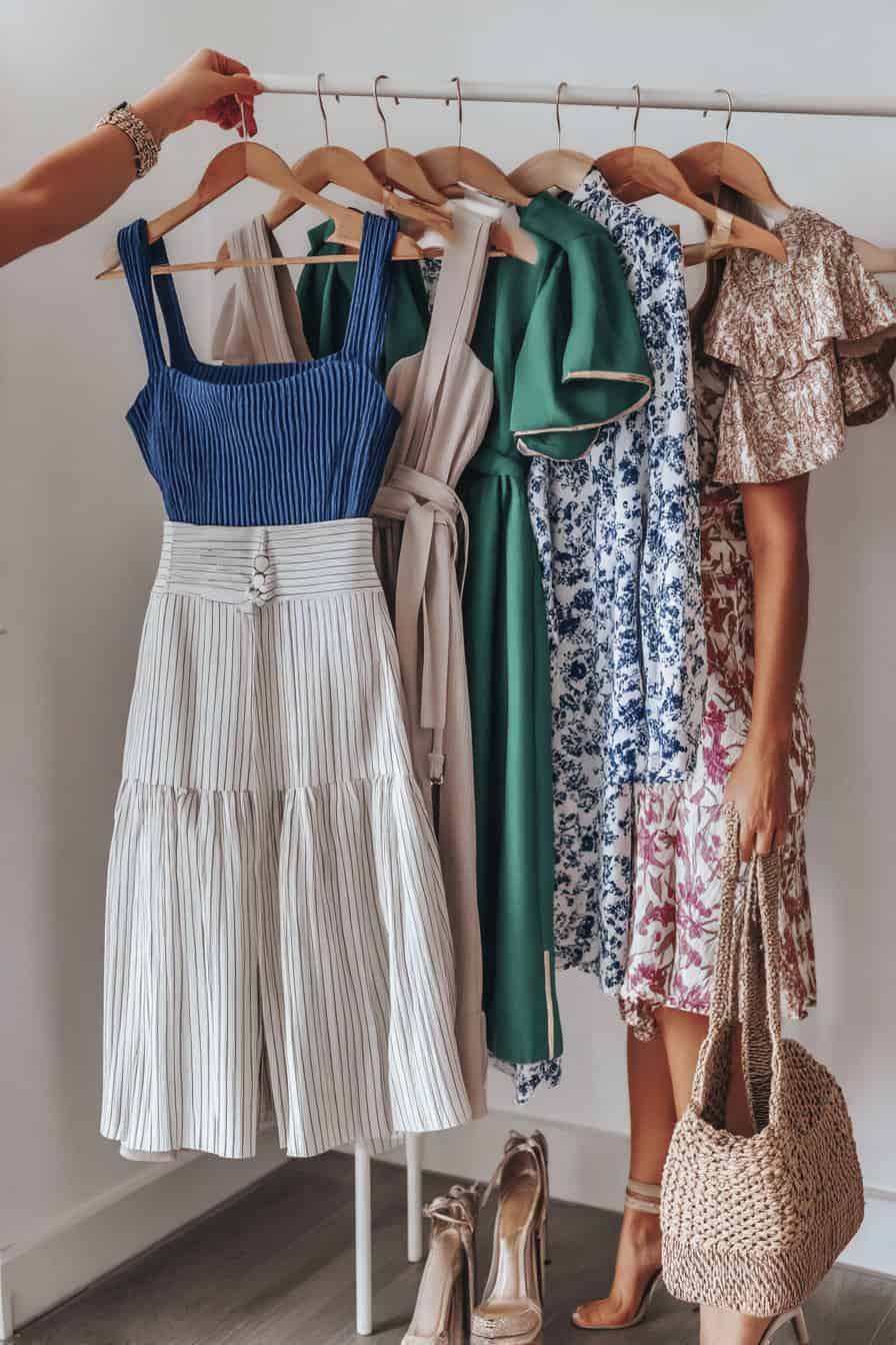 Kleider in verschiedenen Farben und Mustern, die an Kleiderbügeln hängen.