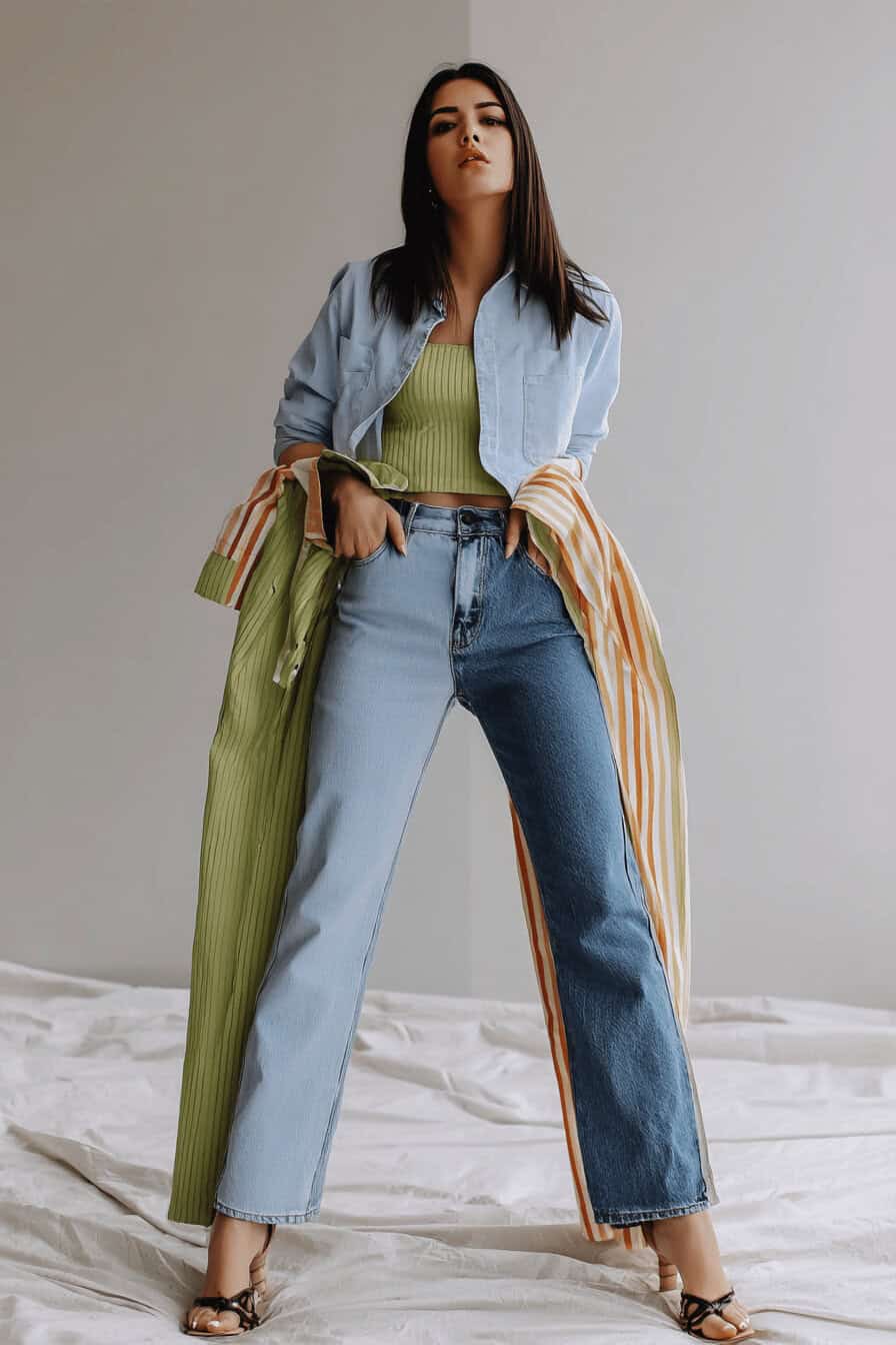 Frau im lässigen Frühlingsoutfit mit Denim-Jacke und buntem Schal.