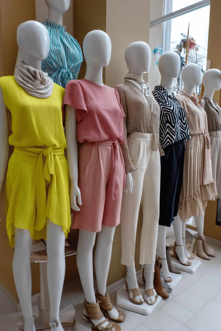 Eine Reihe von Schaufensterpuppen in bunten Frühlingsoutfits.