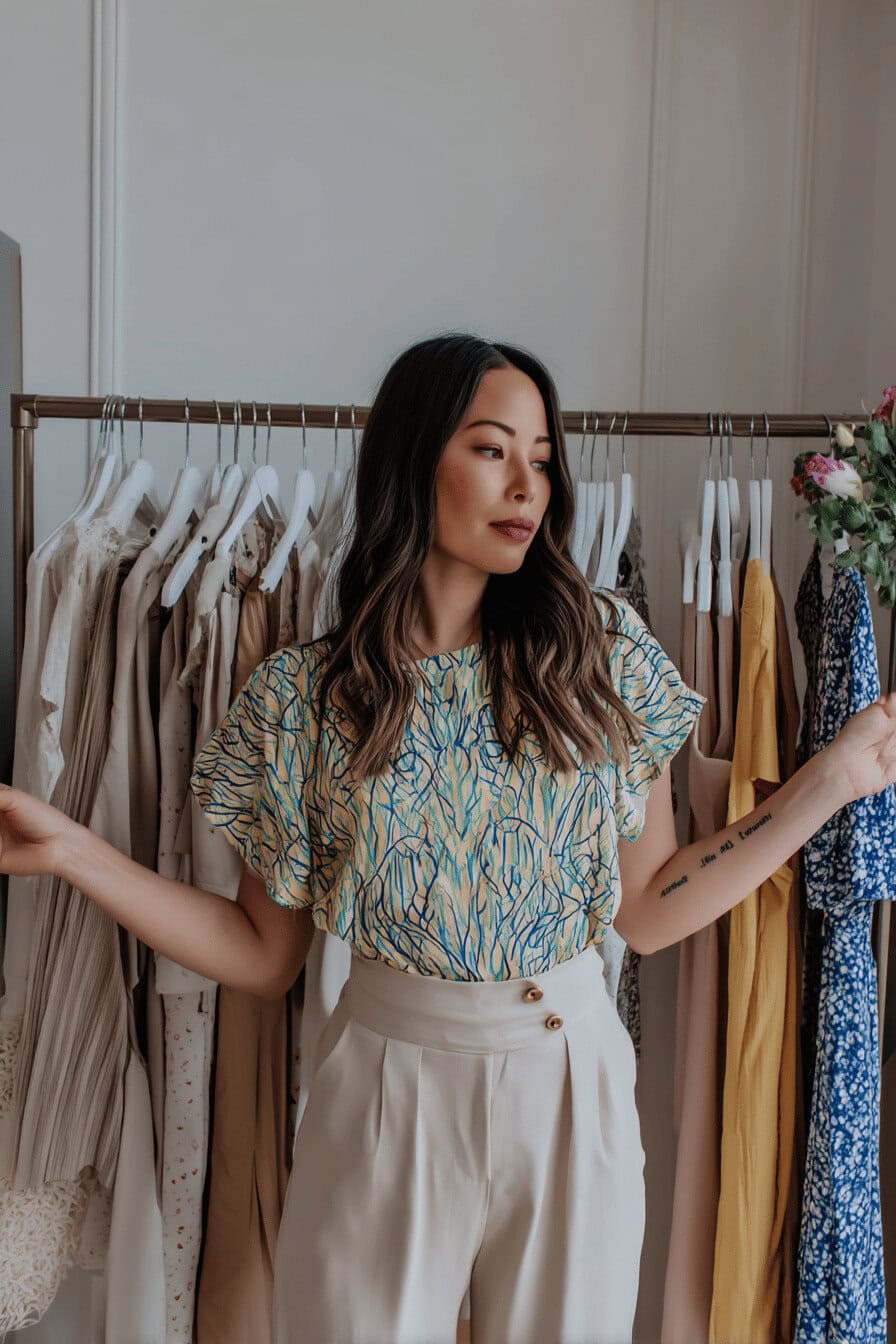 Person steht vor einem Kleiderständer mit Frühlingsoutfits in hellem Raum.