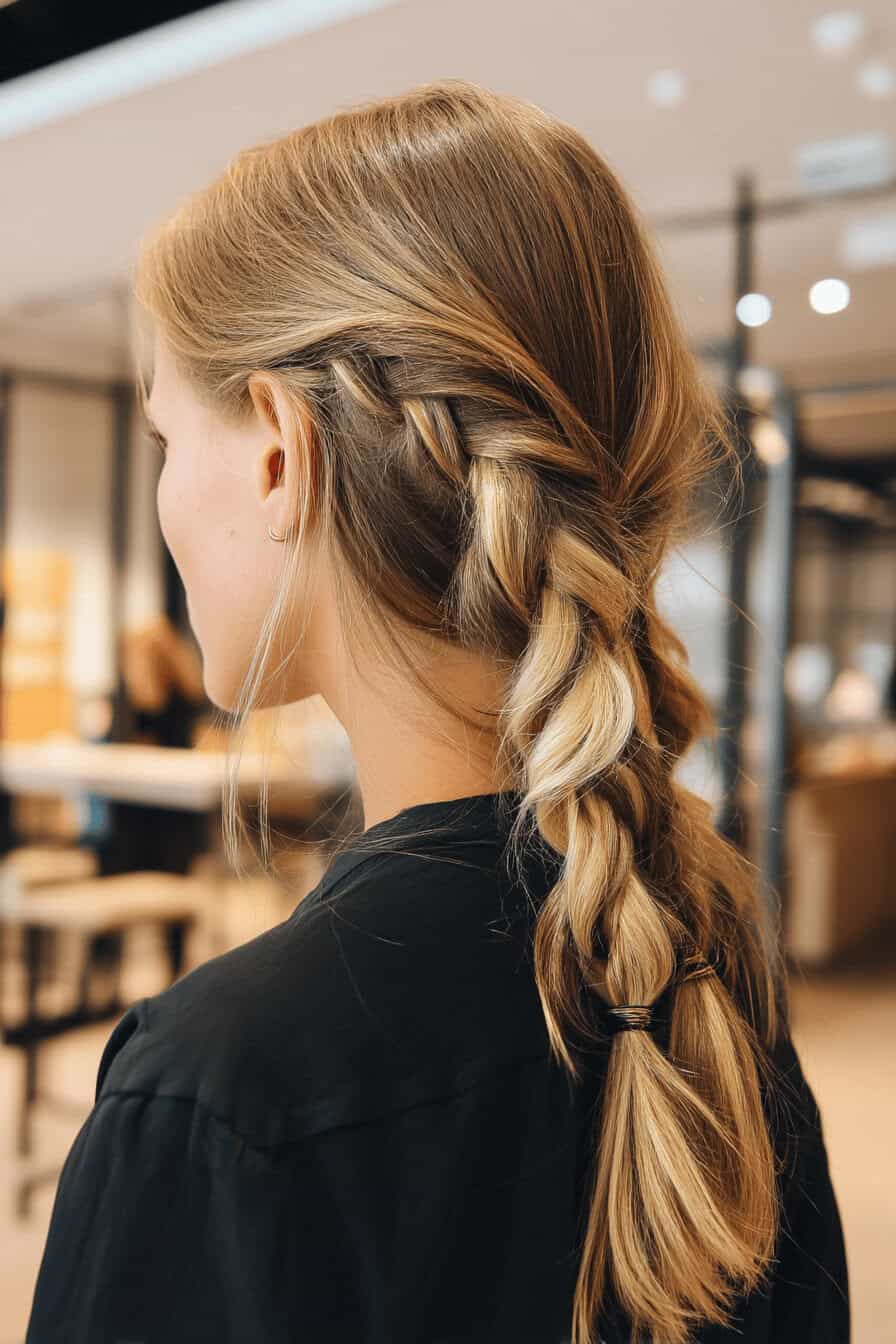 Eine Frau mit einem geflochtenen Zopf in mittellangem Haar.