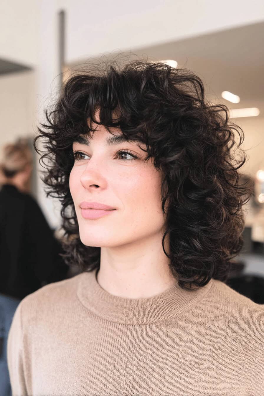 Frau mit lockigem Shag-Haarschnitt und braunem Oberteil.