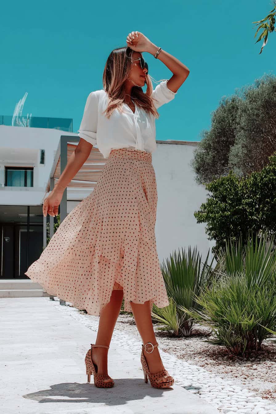 Frau in einem weißen Hemd und gepunktetem Midirock bei sonnigem Wetter.