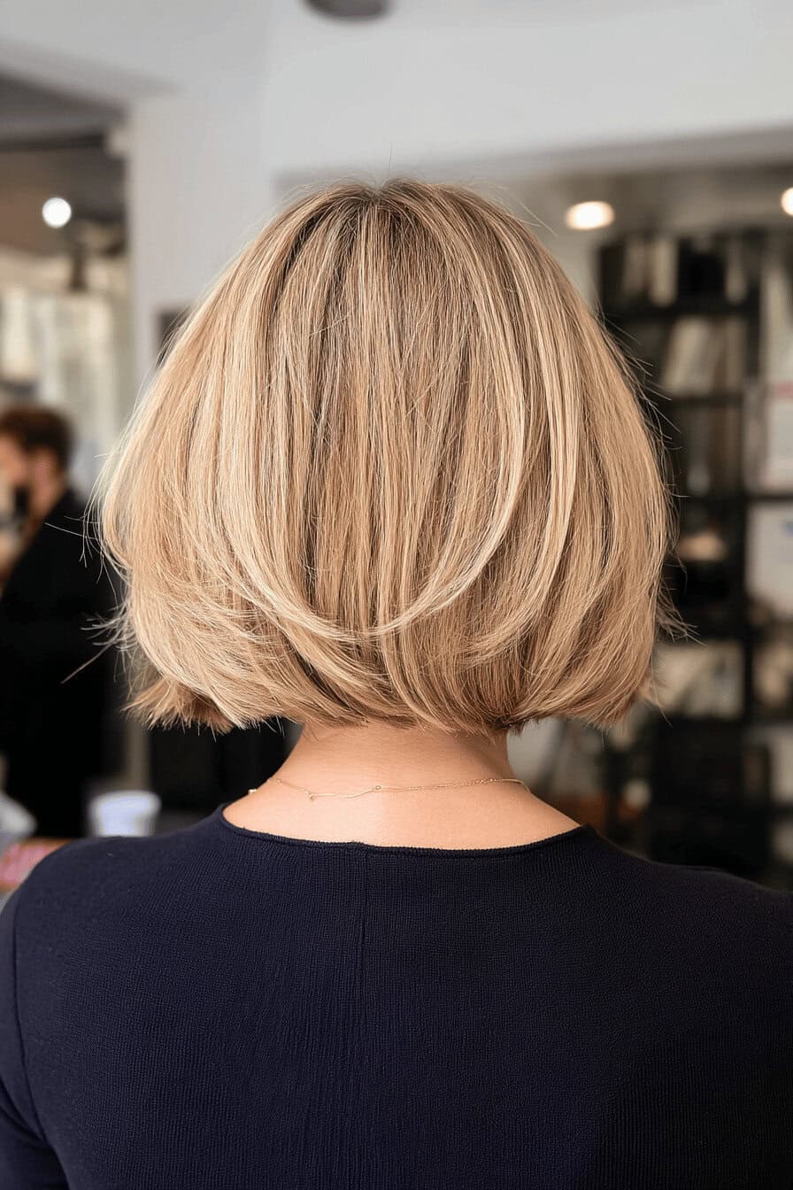 Rückansicht eines geschichteten blonden Bobs in einem Salon.