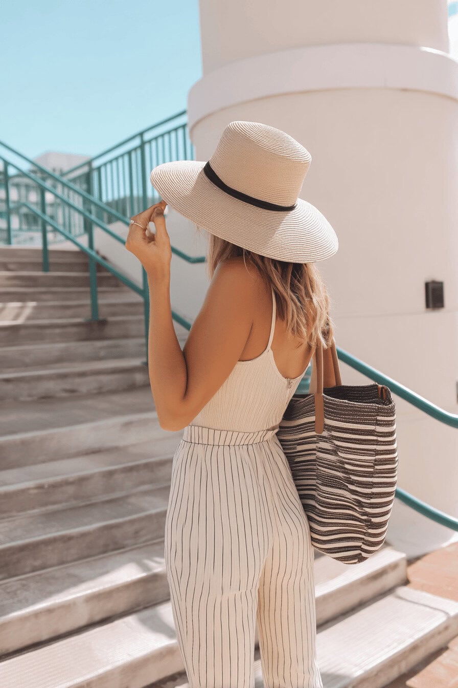 Frau in gestreifter Sommerkleidung mit Strohhut und Tasche auf einer Treppe.
