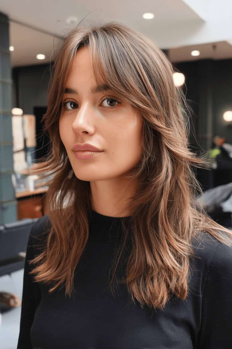 Frau mit mittellanger, gestufter Frisur und natürlichem Makeup.