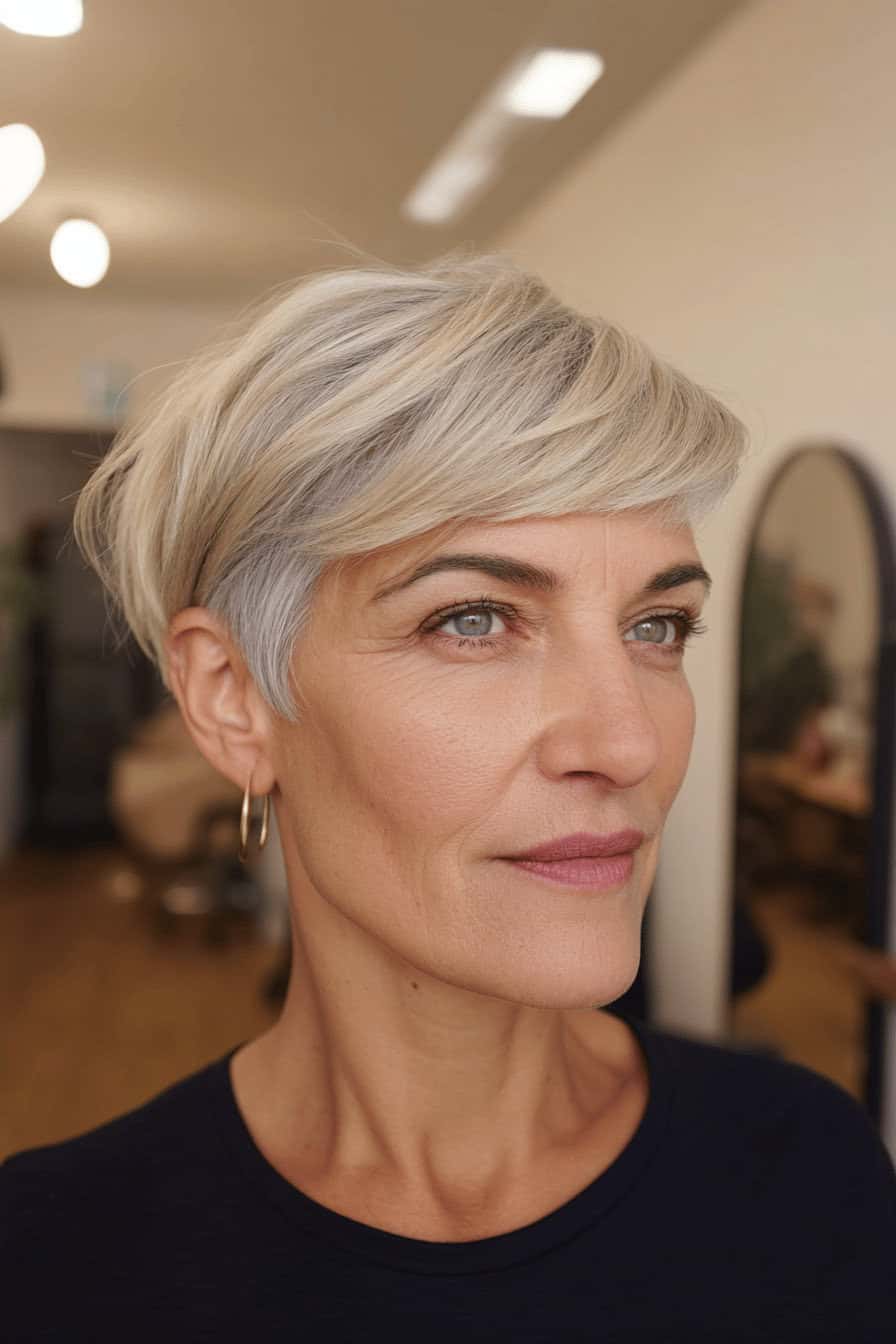Frau mit gestuftem Bowl Cut und grauen Haaren