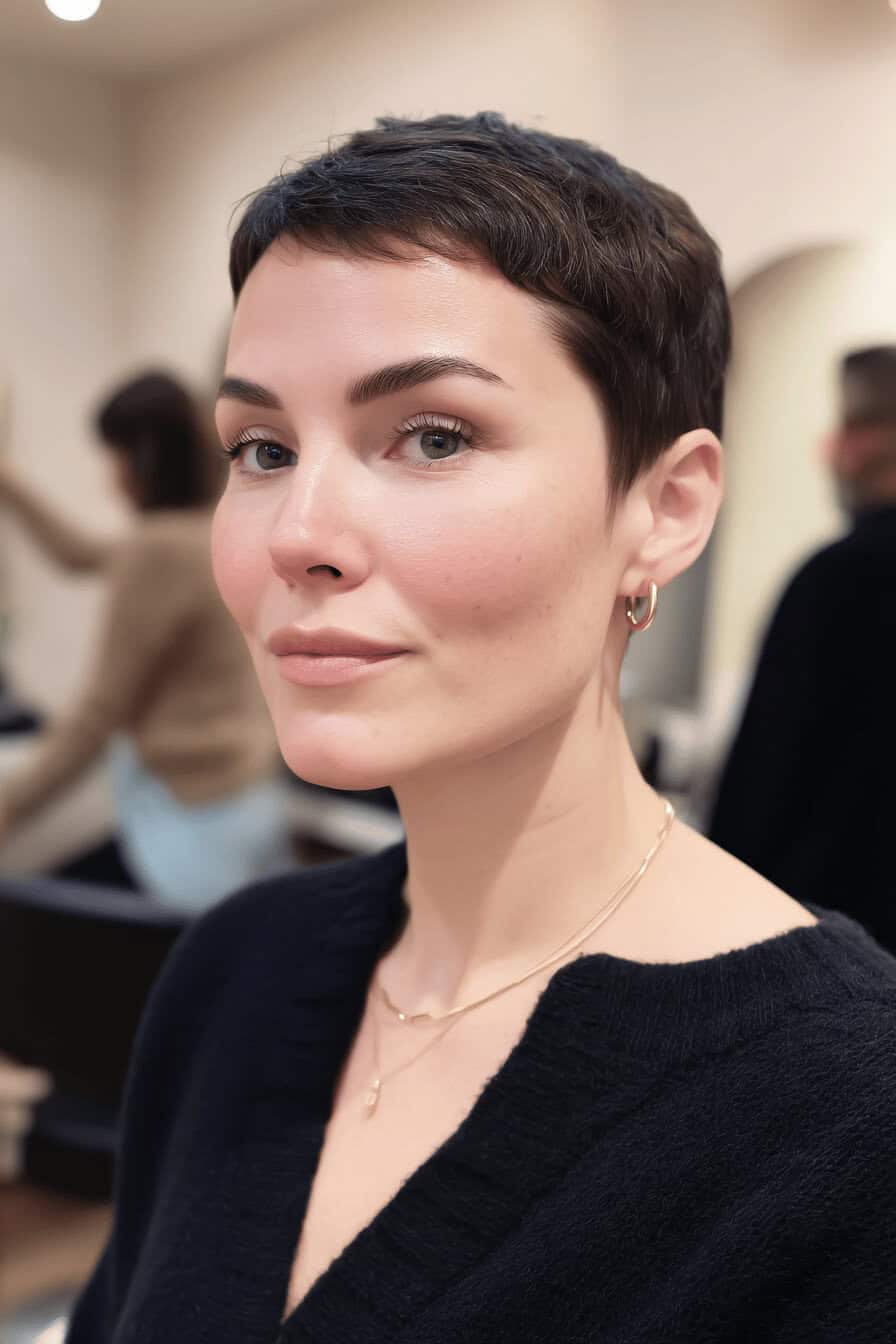 Frau mit gestuftem Buzz Cut lächelt in die Kamera.