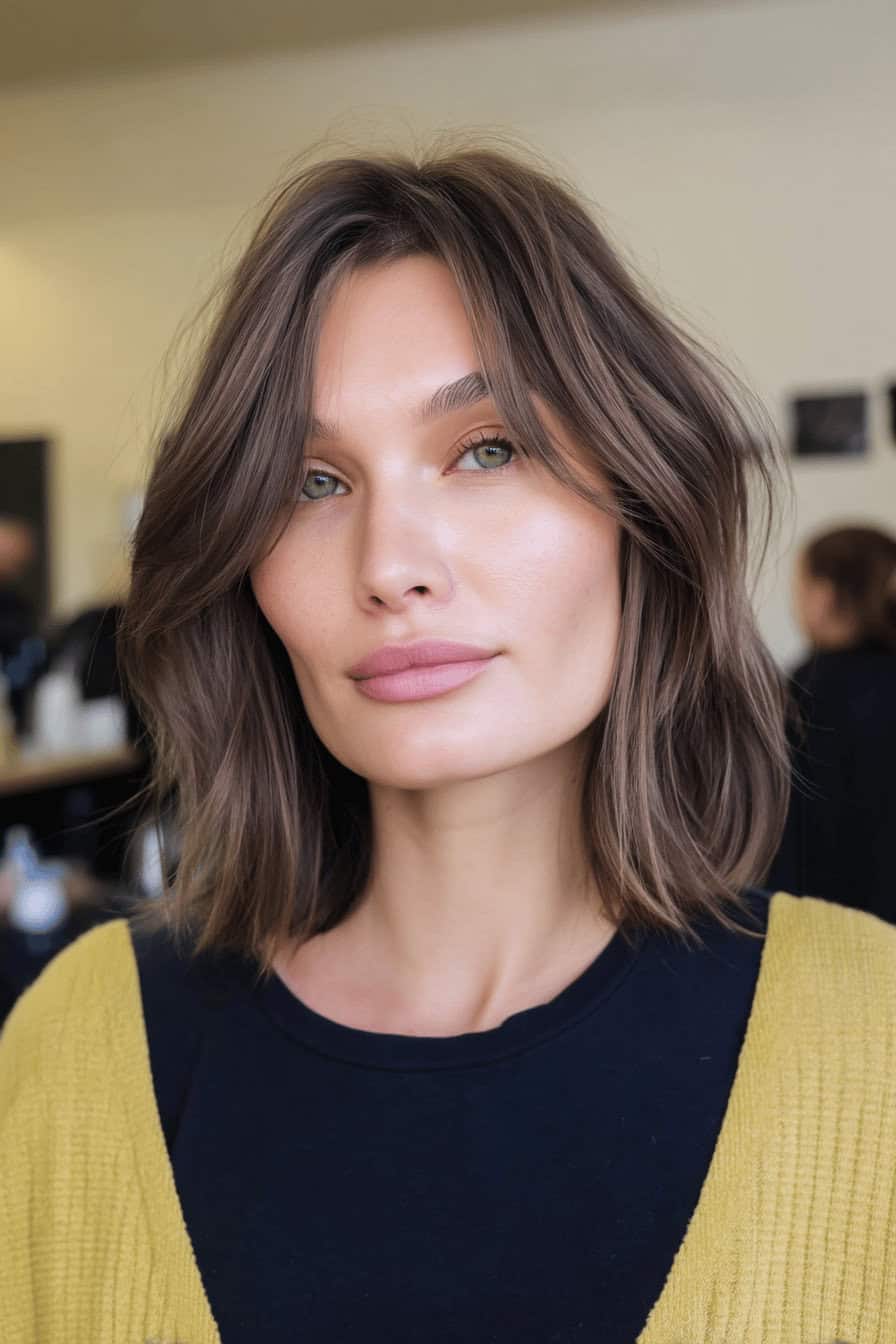 Frau mit mittellangem gestuftem Lob und braunem Haar.
