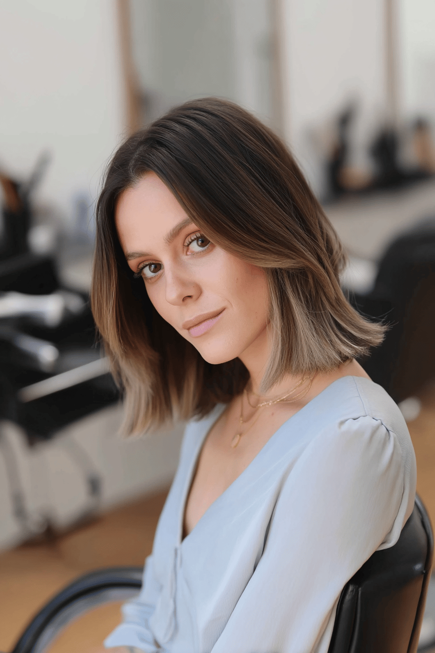 Frau mit gestuftem Long Bob sitzt in einem Friseursalon.