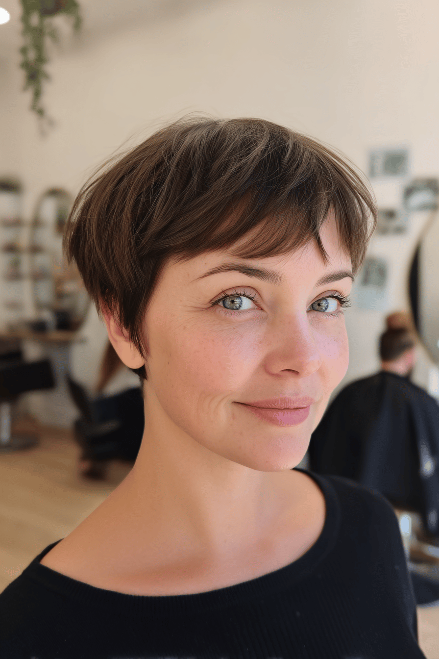 Frau mit gestufter Pixie Bob Frisur lächelt in die Kamera.