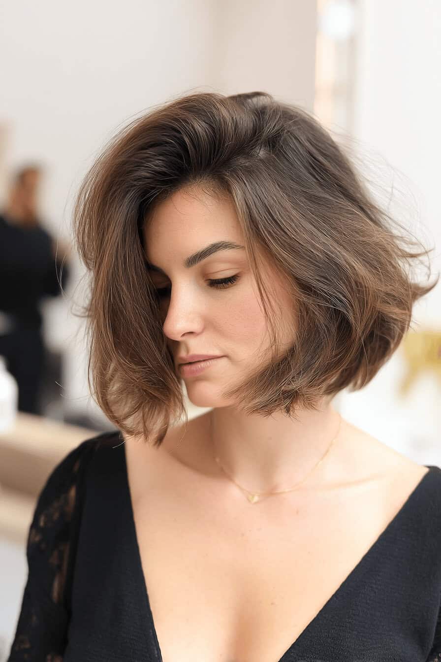 Frau mit getuftetem Bob und dickem Haar in einem schwarzen Oberteil.