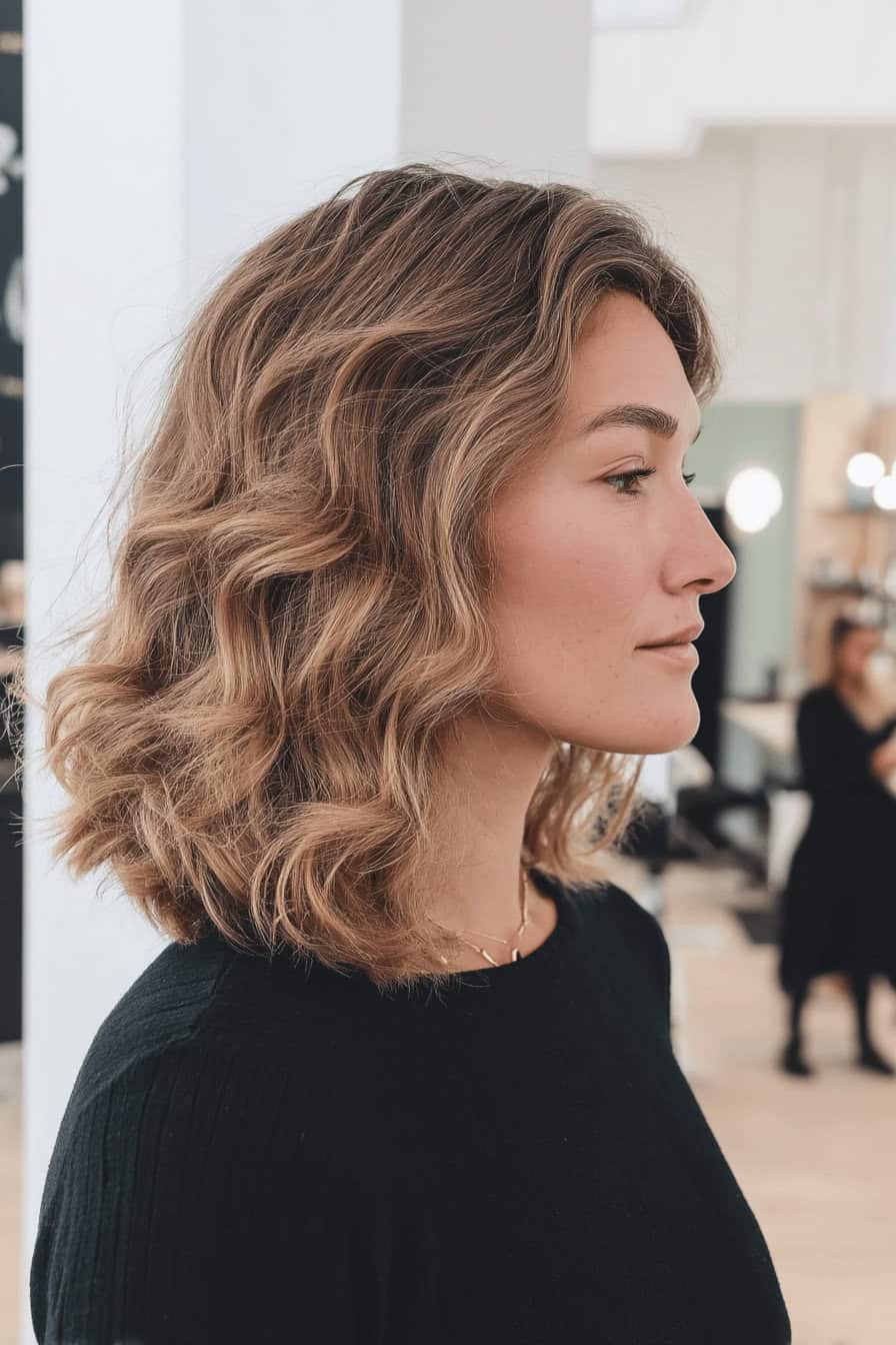 Frau mit gewelltem Lob und blonder Haarfarbe, seitliche Ansicht.