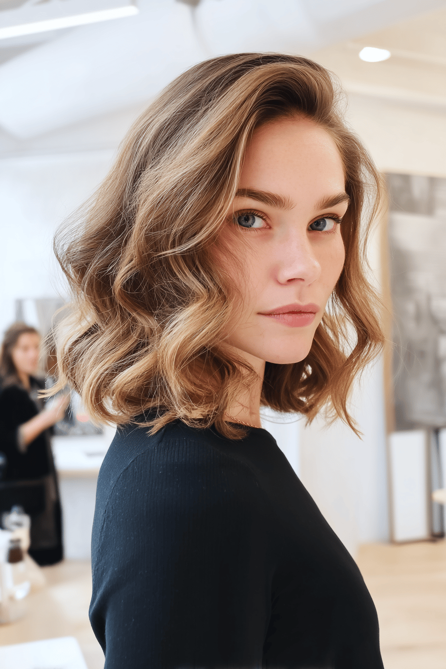 Frau mit gewelltem Long Bob und schwarzem Oberteil in einem modernen Raum.