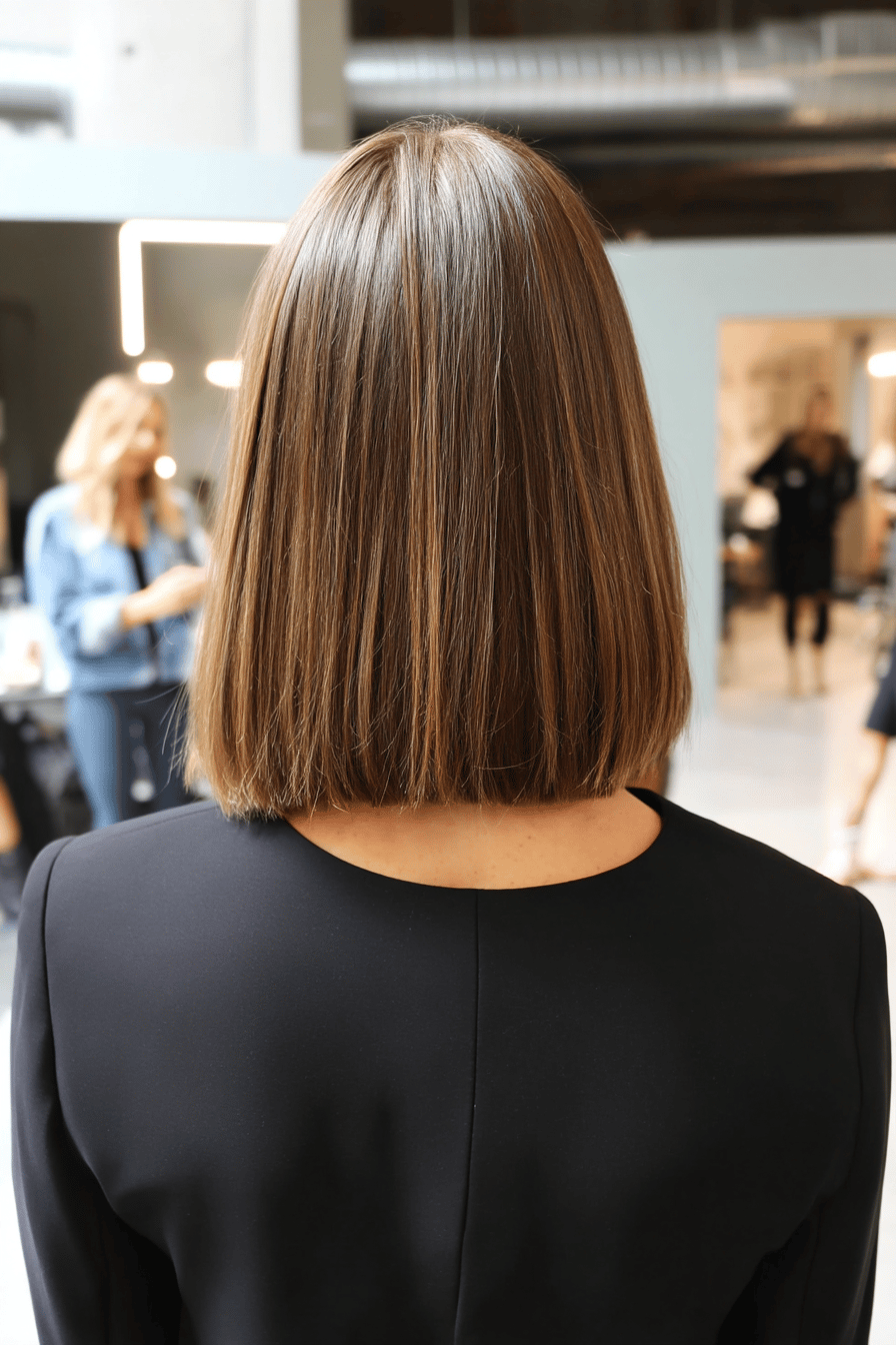 Eine Frau mit einem glatt gestylten Long Bob im Frisurensalon.