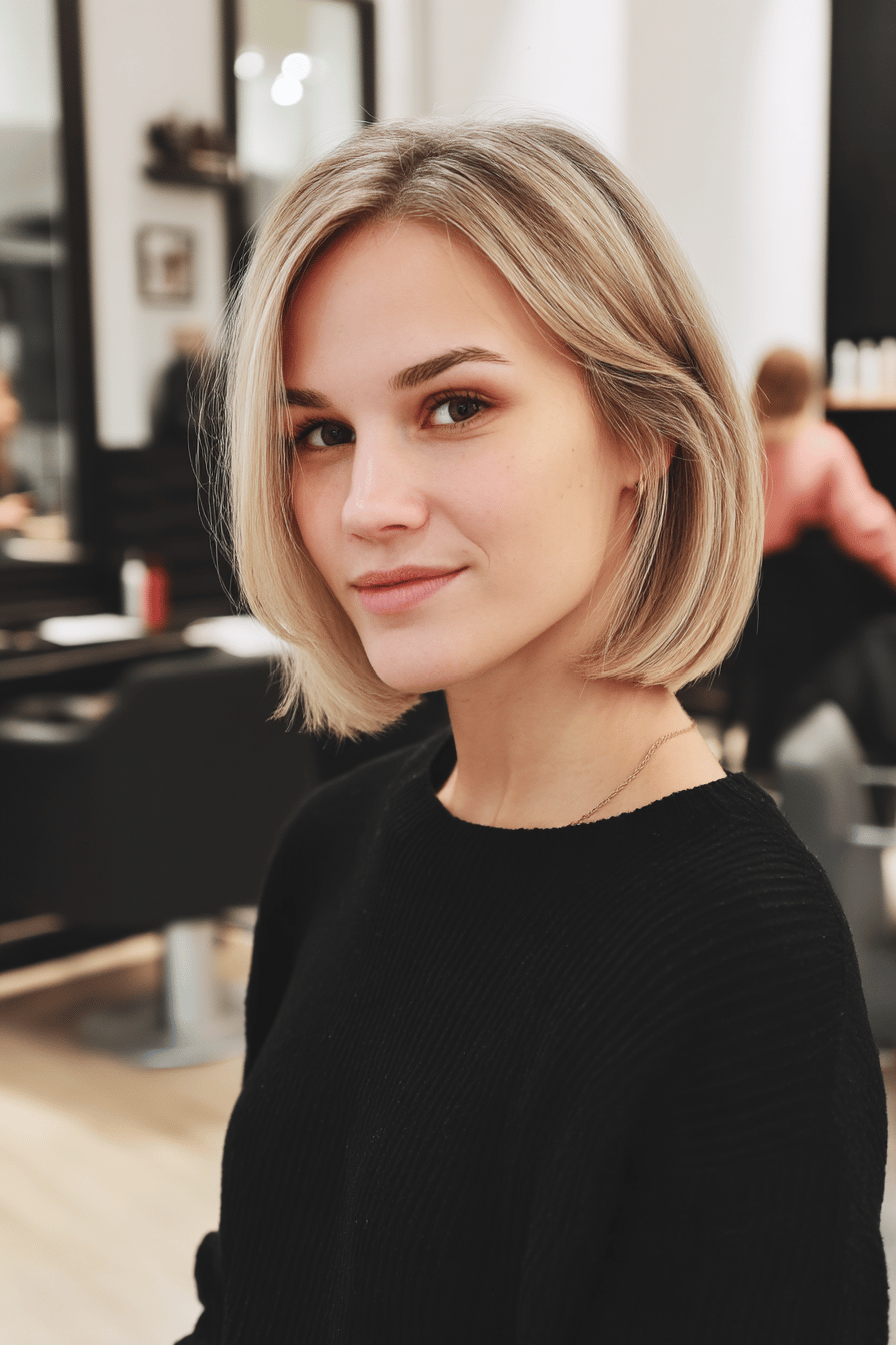Frau mit glattem blondem Bob und Mittelscheitel im Friseursalon.