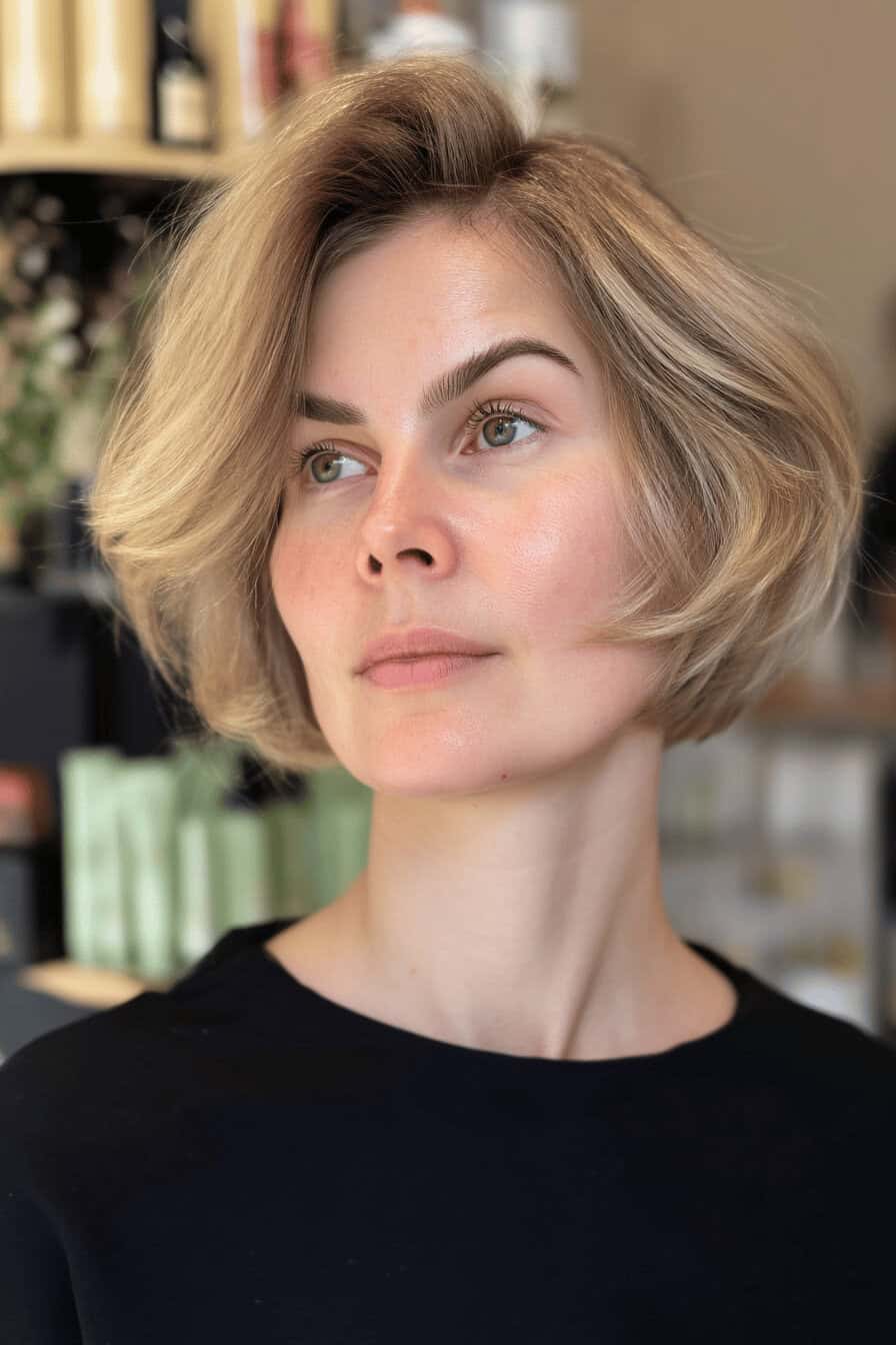 Frau mit einem kurzen, stufig geschnittenen Bob in einem Friseursalon.