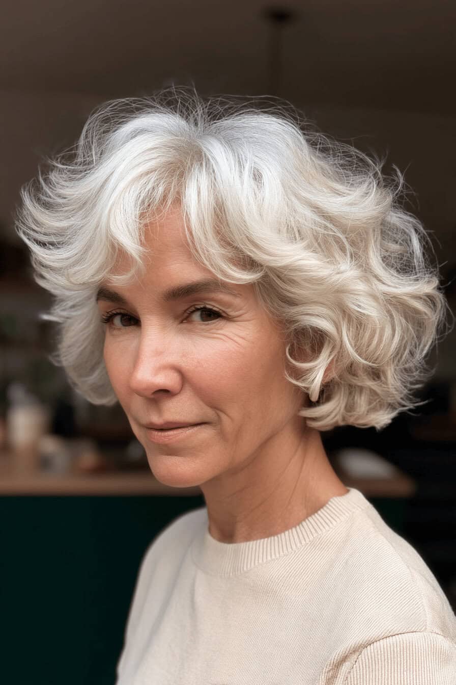 Eine Frau mit grauen, lockigen Haaren.