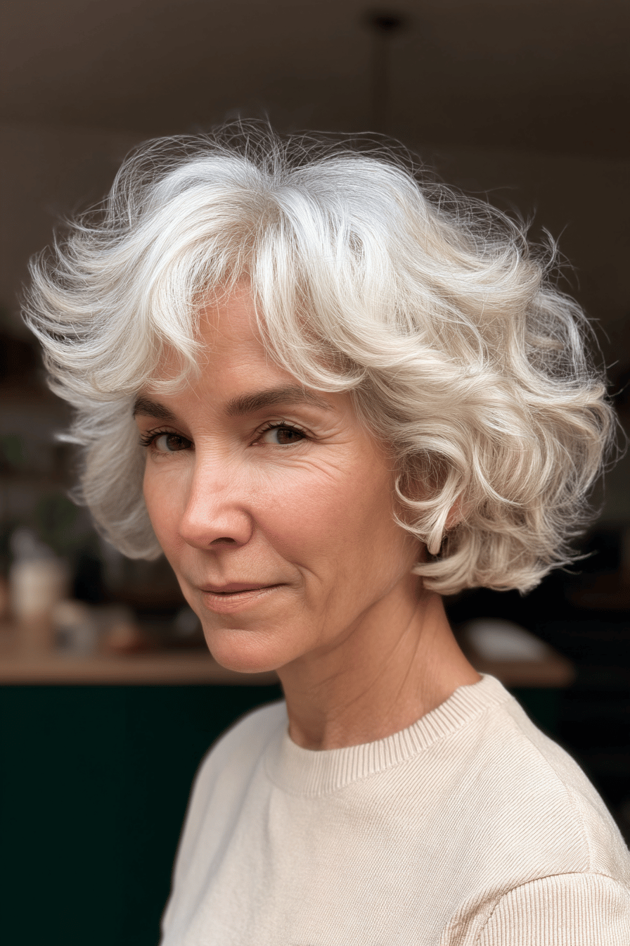 Eine Frau mit grauen, lockigen Haaren.