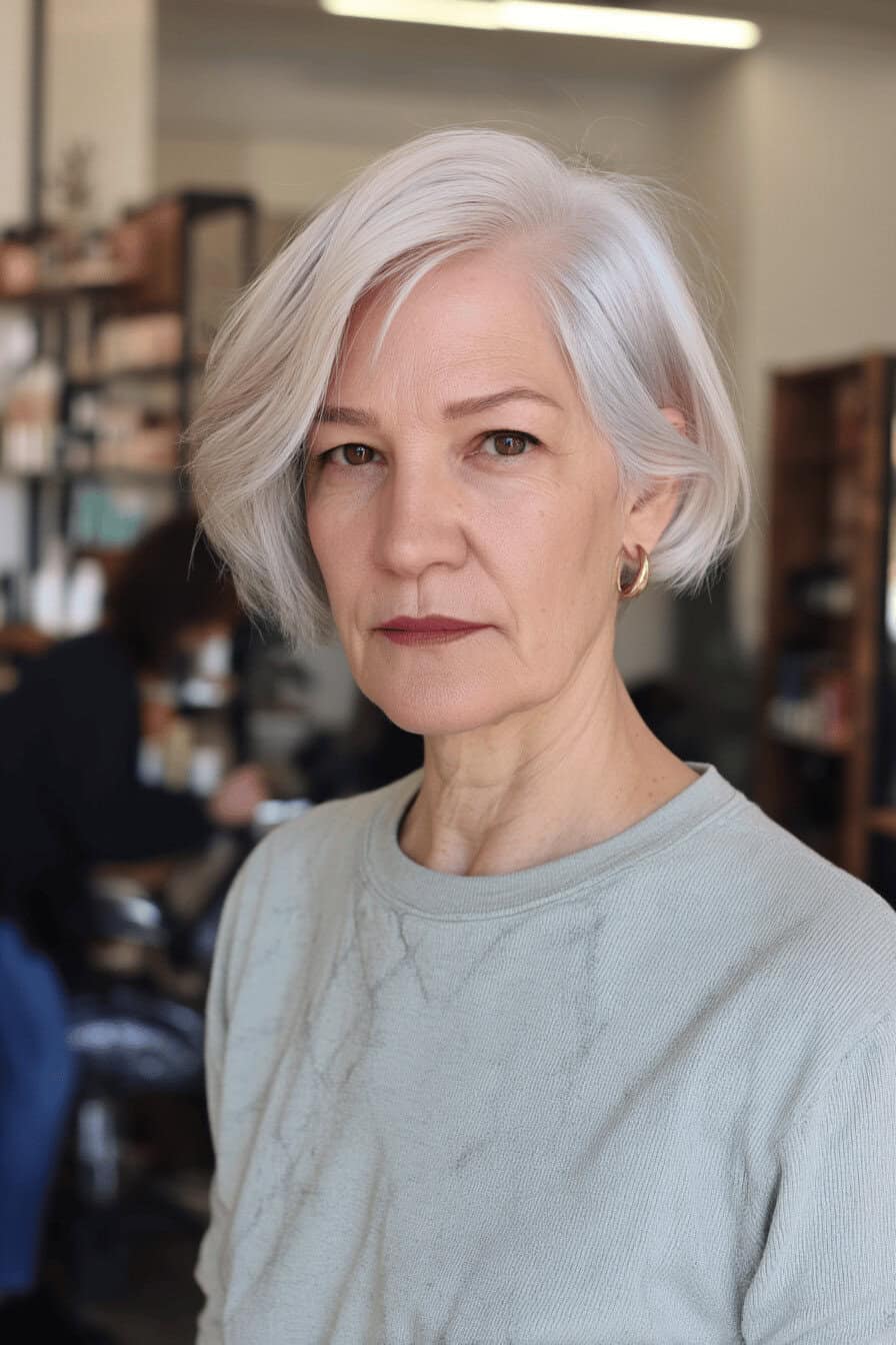 Nahaufnahme einer Person mit kurzen, grauen Haaren und einem lässigen, klassischen Shag-Haarschnitt in einem modernen Friseursalon.