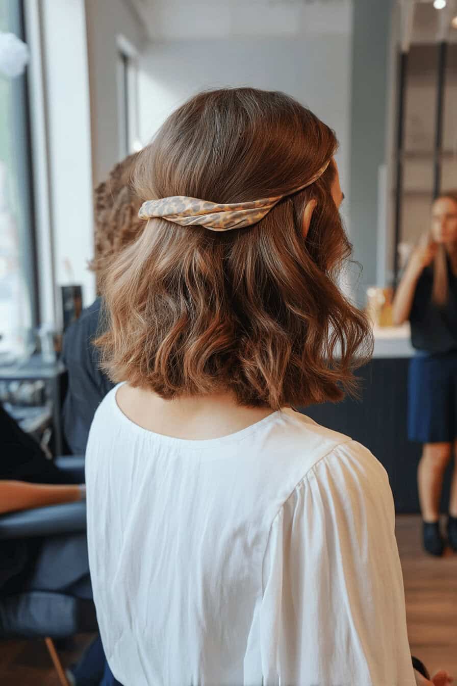 Frau mit braunen, welligen Haaren, die mit einem Haarband im Leo-Muster gestylt sind.