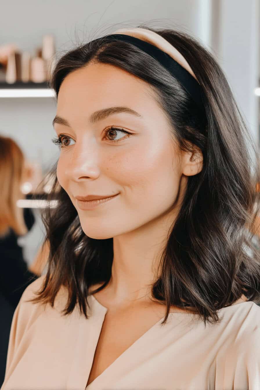 Frau mit mittellangem Haar und Haarreifen