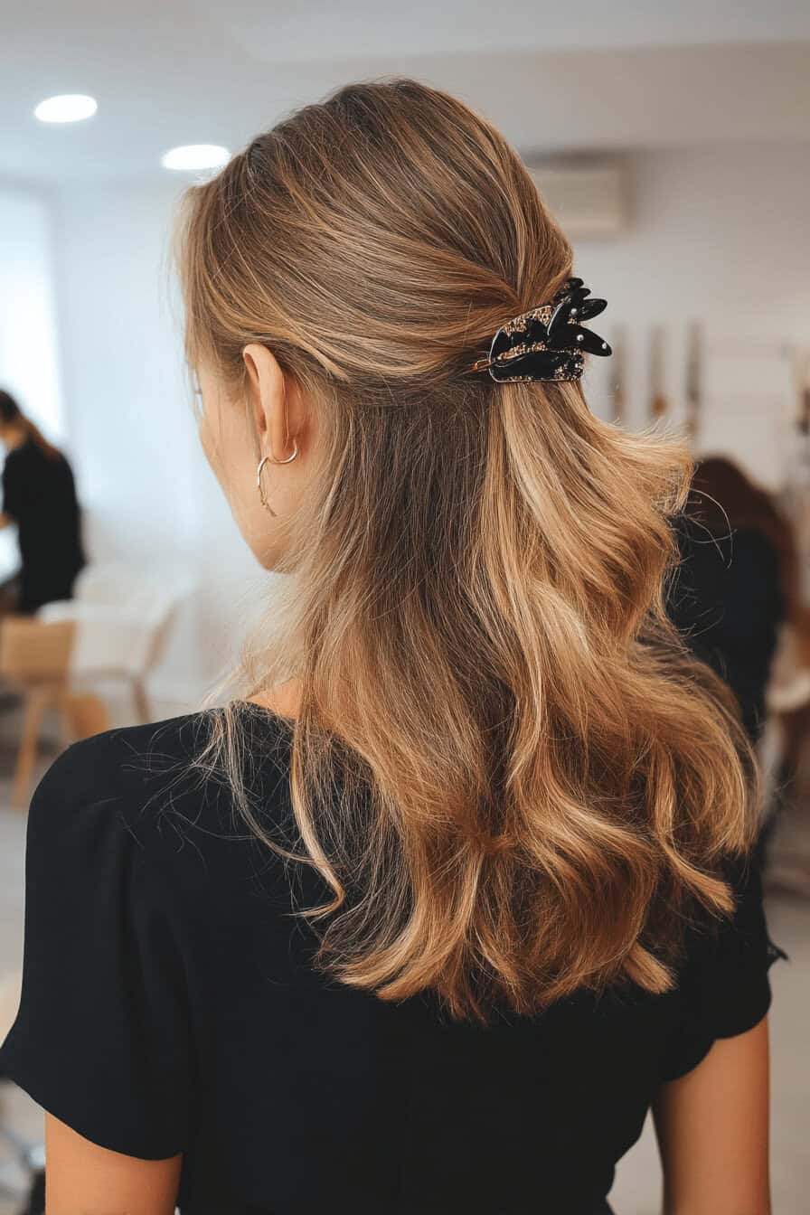 Frau mit mittellangem Haar, das mit einer dekorativen Haarspange zurückgesteckt ist.