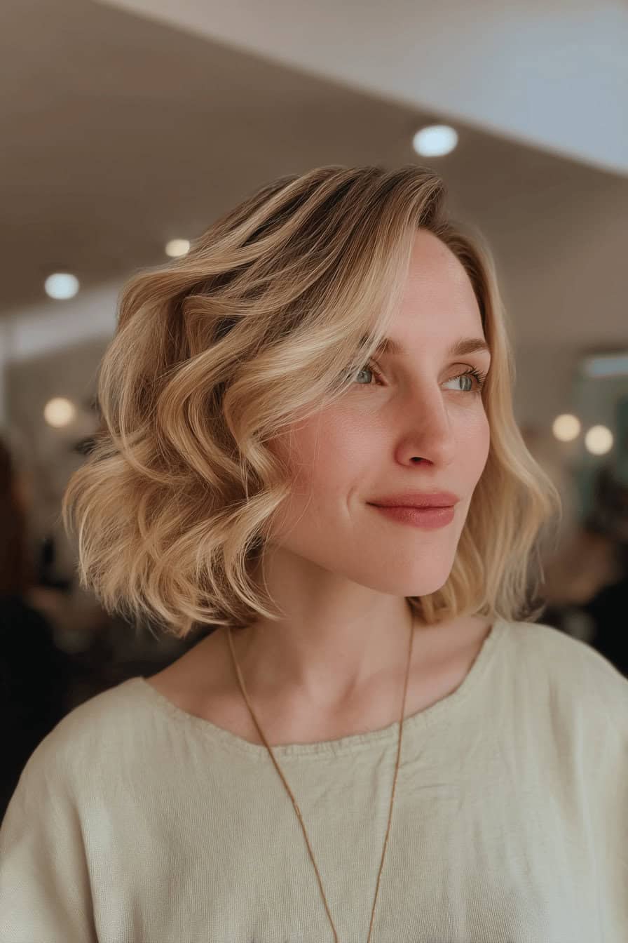 Frau mit welligen, blonden Haaren und mittellangem Haarschnitt.