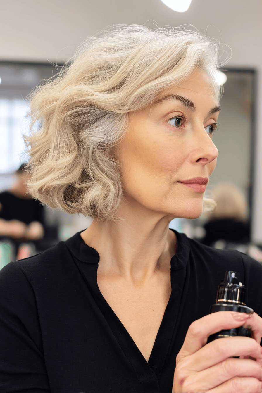 Frau mit kinnlangem, welligem Haar hält eine Flasche Haarspray.