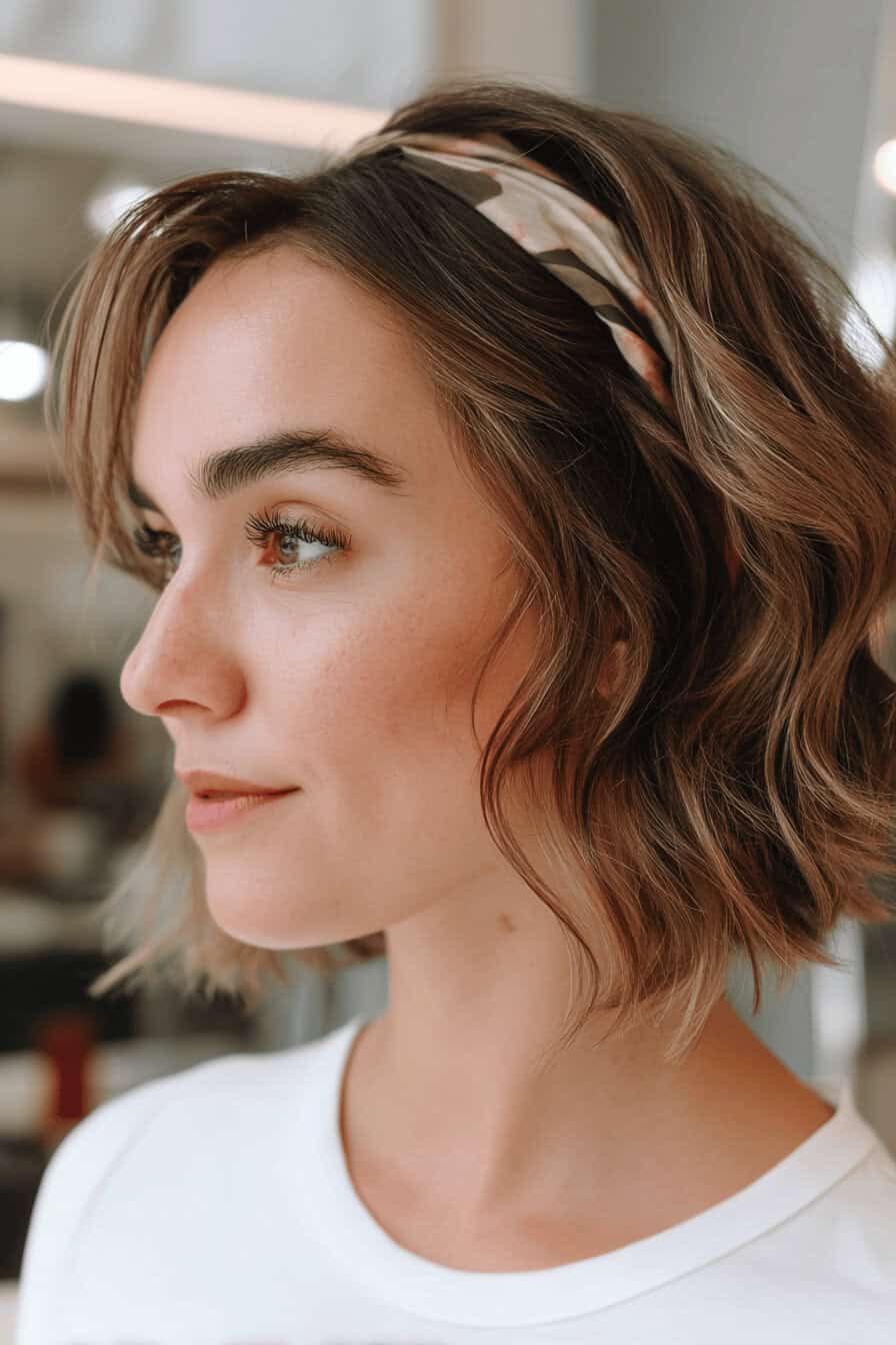 Frau mit mittellangem lockigem Haar trägt ein Stirnband.