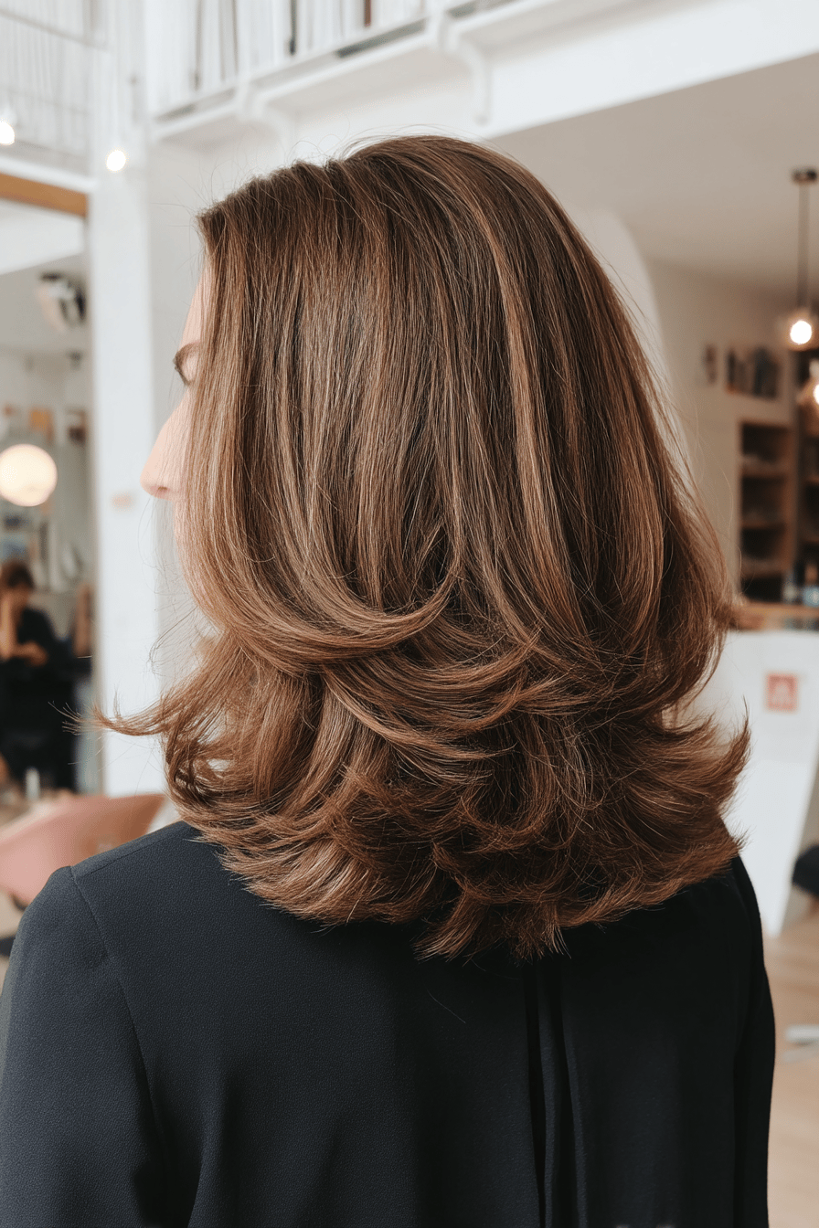 Halblange braune Haare, die in sanften Stufen geschnitten sind.