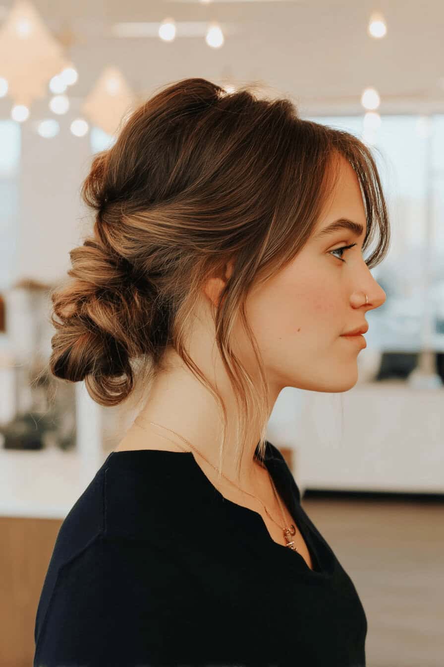 Seitenansicht eines Half Updos mit gewelltem, mittellangem Haar.