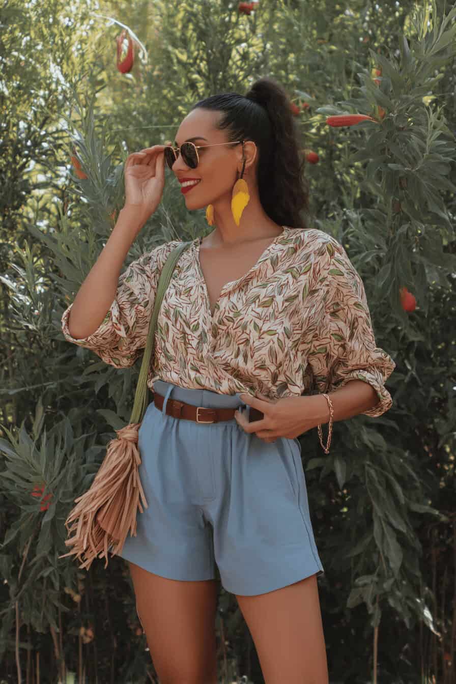 Frau in High-Waist-Shorts mit luftiger Bluse und Sonnenbrille im Garten.
