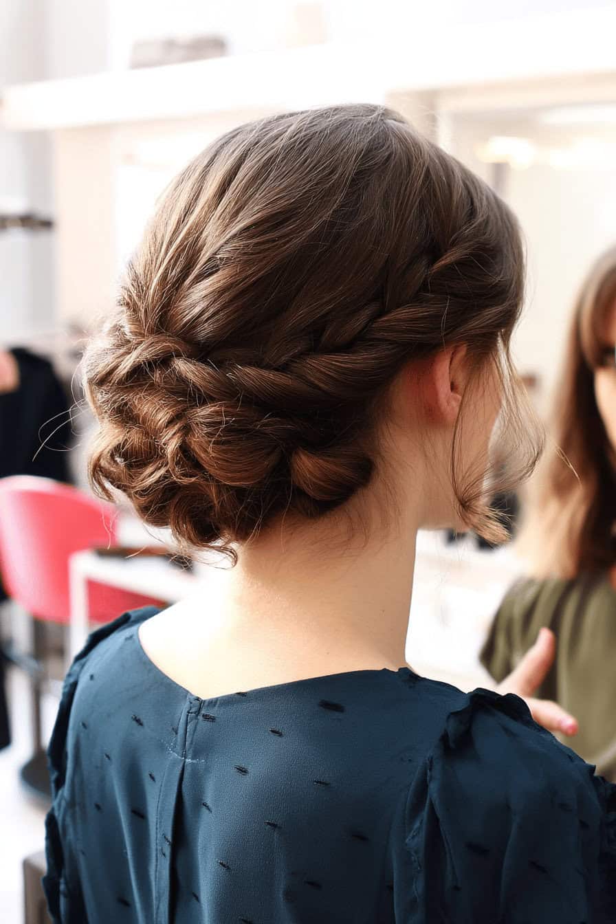 Seitlich aufgesteckte Frisur mit geflochtenen Details bei einer Frau mit braunen Haaren.
