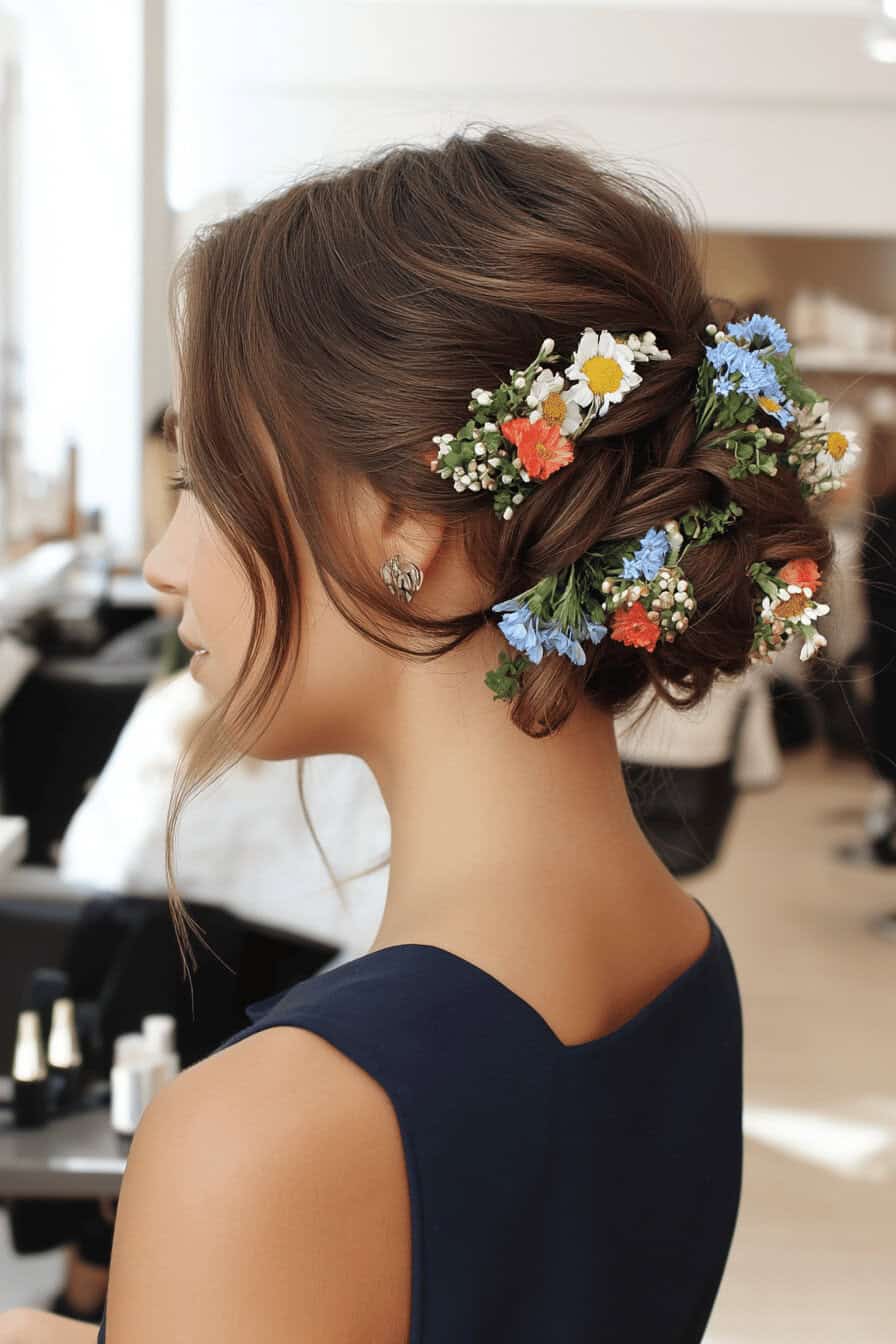 Frau mit Hochsteckfrisur verziert mit bunten Blumen.